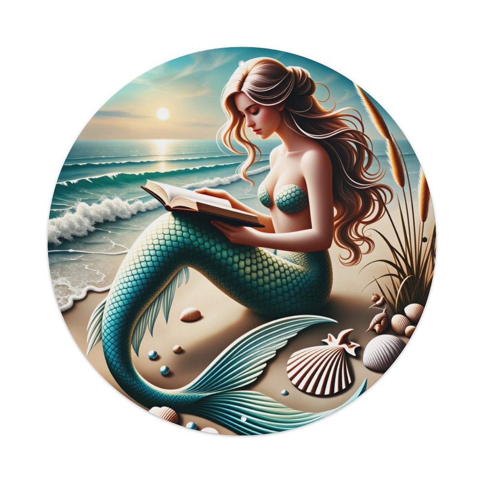 Mermaid Reading Book Beach Sunset Metal Tin Sign Vintage Garden Bedroom Cafe Bar Man Cave Home Wall Decor Metal Poster 8x8 inches