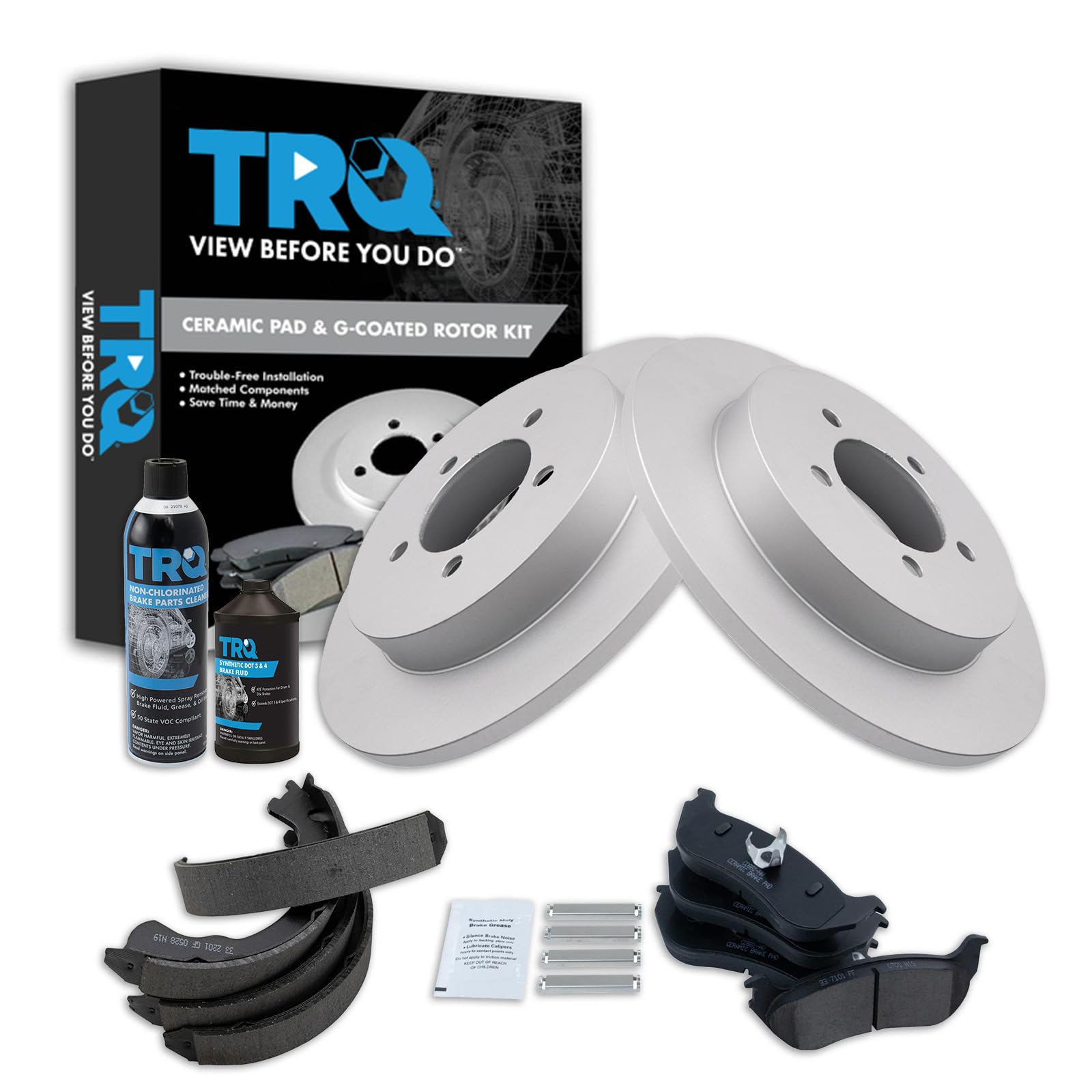 TRQ Rear Brake Pad &amp; Rotor Kit, with Chemical Kit Parking Brake Shoe Set Ceramic Premium G-Coated Compatible with 2002-2005 Ford Explorer Mercury Mountaineer