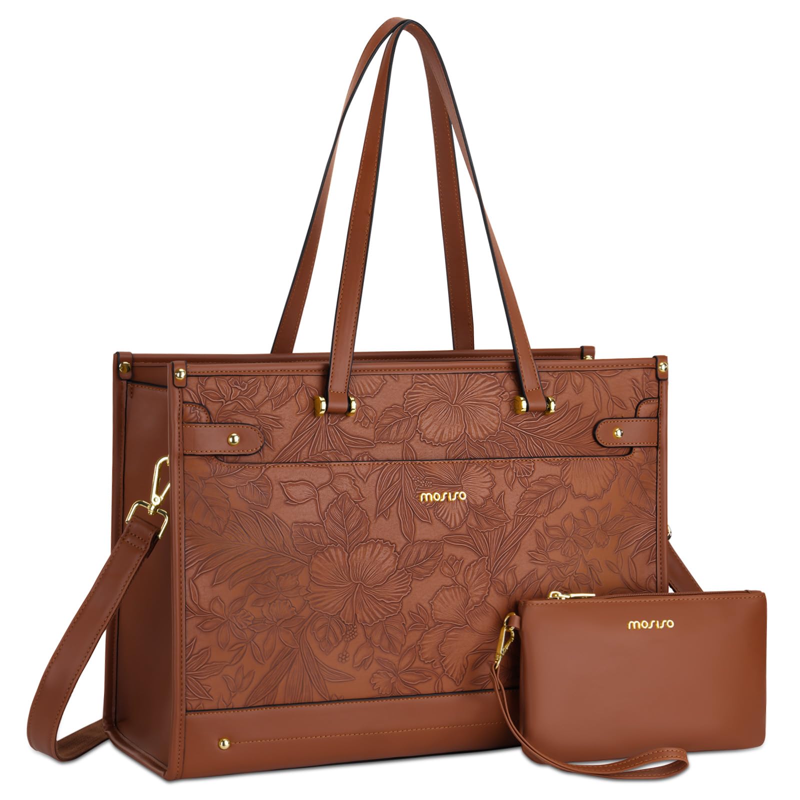 MOSISO Damska torba na laptopa o dużej pojemności, torba biznesowa w stylu vintage skórzana torba biznesowa z kopertówką, biznesowa torba na komputer biurowy na co dzień z hibiskusem retro relief z