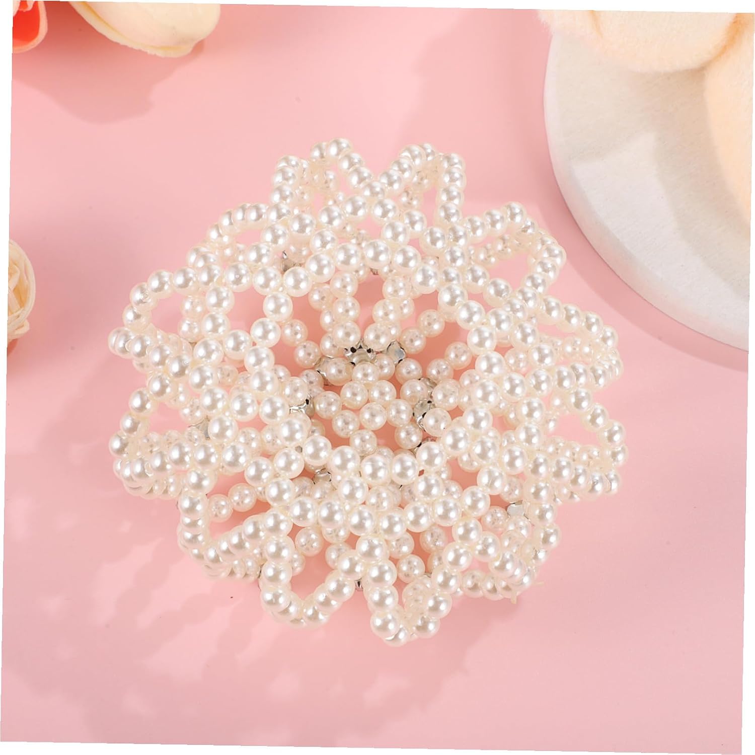 Balacoo Hair Bun Cover, Elastic Pearl Hair Snood, Handmade Crochet Hairnet with Pearls & Rhinestones for Ballet, Dance, Skating, Gymnastics - for Women & Girls