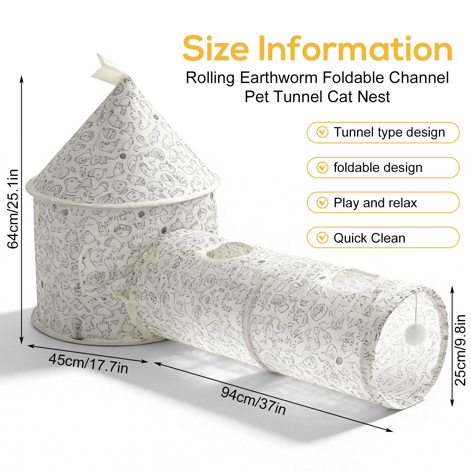 Tunnel Per Gatti 3 In 1,Tunnel Giocattolo Per Gatti Con Palla Appesa,Tunnel Tubo Gatto,Cat Tunnel Tube Per Gatti E Cuccioli,Animali Domestici,Pieghevole,Gattini, 25×94CM+45×64CM