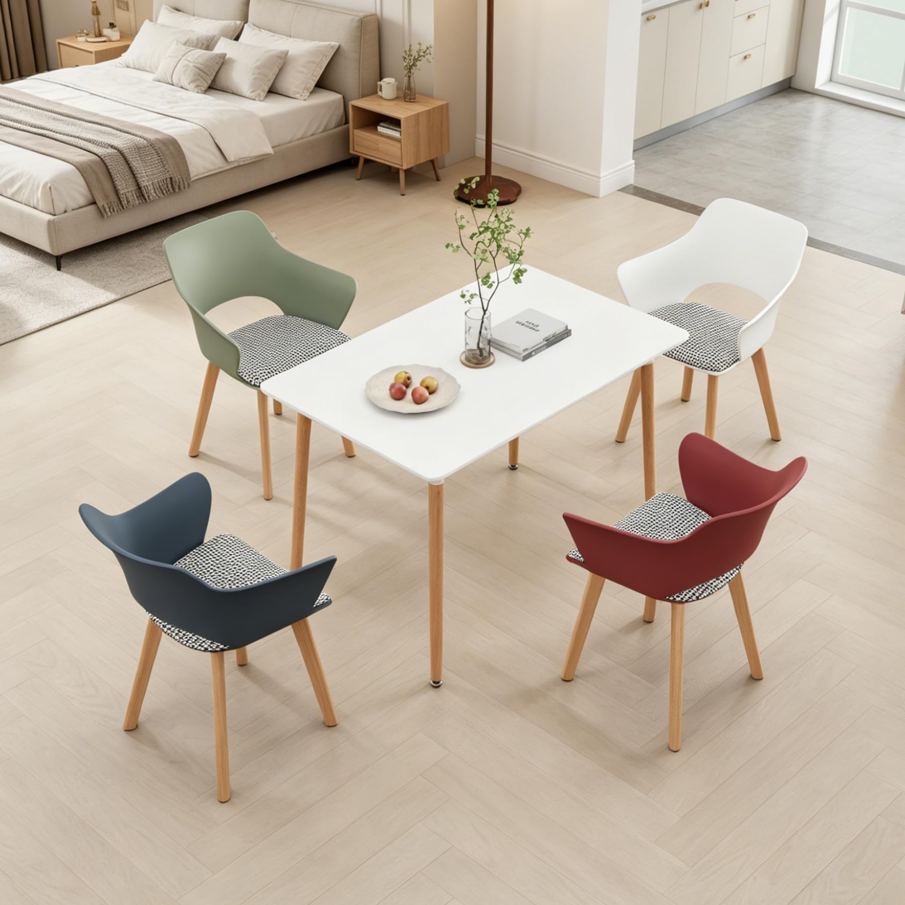 Set di 4 Sedie da Pranzo Scandinave, Sedia da Pranzo in Stile Nordico con Braccioli, Gambe in Faggio, Sedia da Cucina Imbottita in Plaid di Lino - Bianco+Rosso+Verde Chiaro+Blu