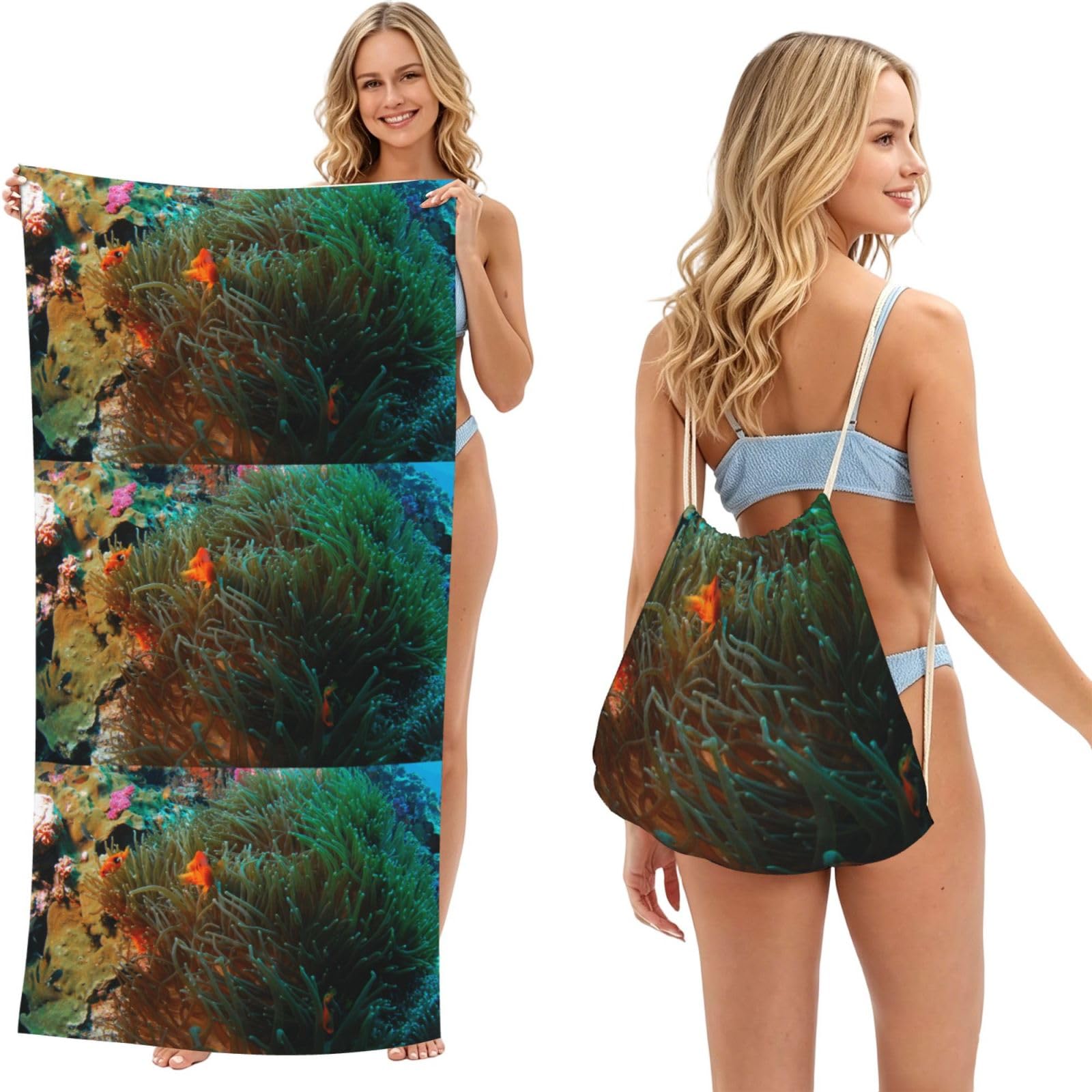 Poadnly As Picture Coral And Fish Printe, 2 In 1 Packable Towel Bag, Beach Towels With Drawstring Backpack For Travel Holiday Camping