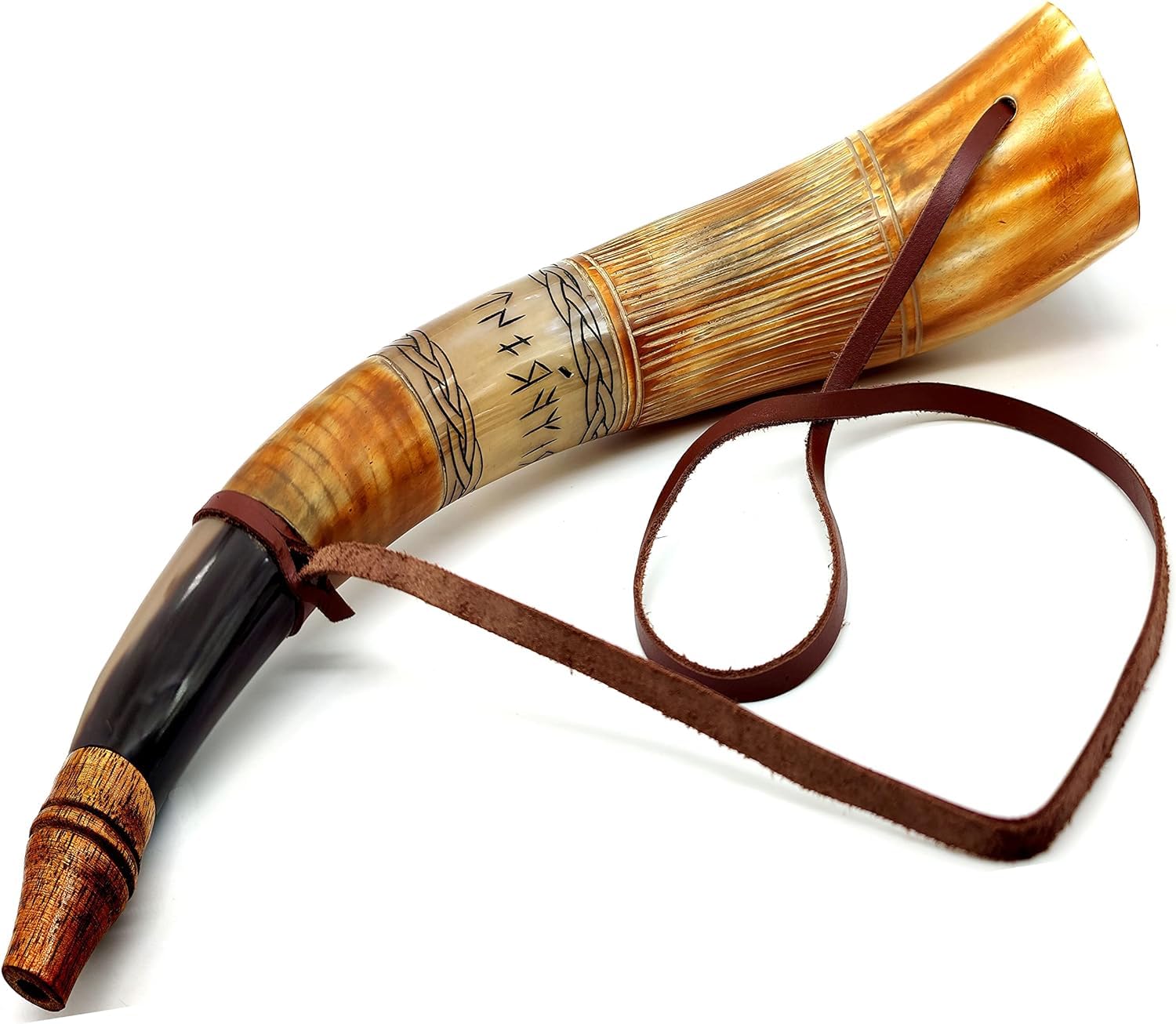 Wikinger-Kriegshorn – 40,6 cm echte Ochsenhorn-Kampftrompete – Premium handgraviertes Blashorn, Wikingerhorn, nordisches Rind, antikes Horn, Bugle, Jagdwerkzeug, Kampfhorn