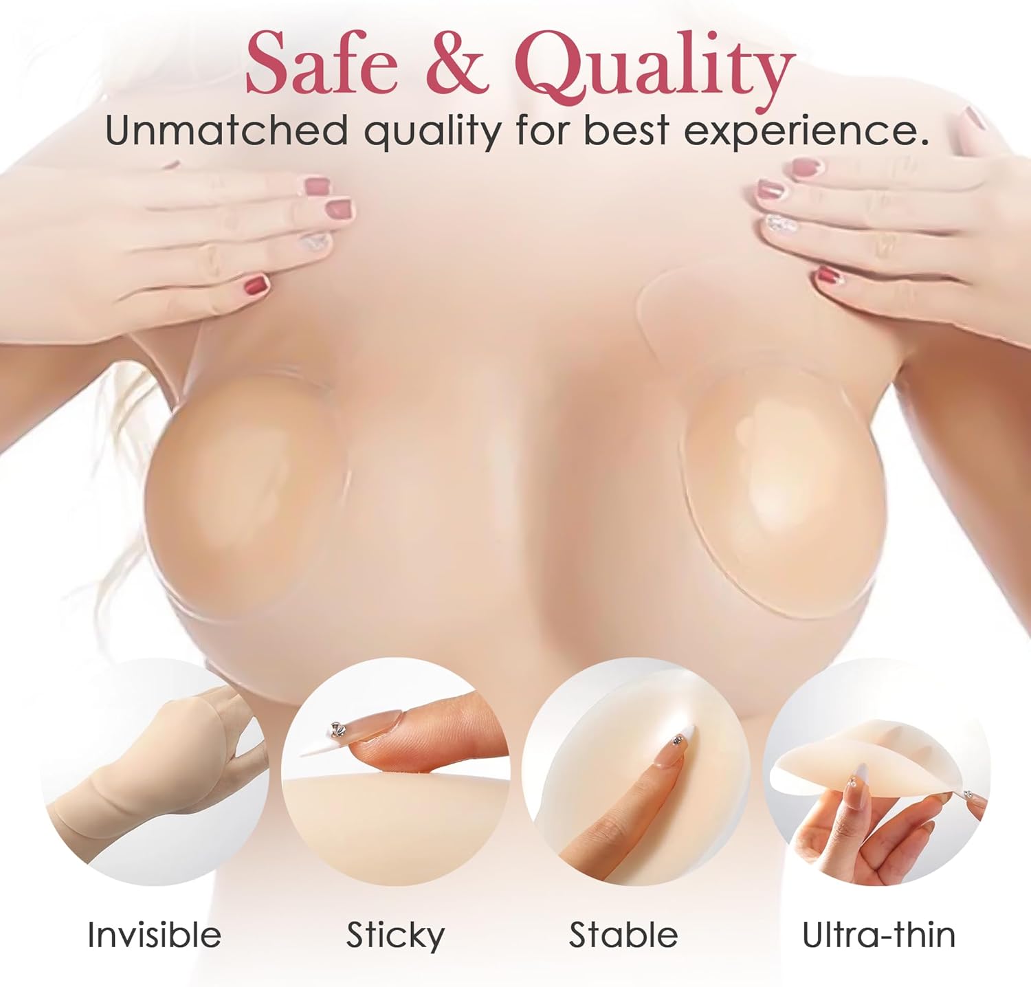 Silicone Nipple Covers with Lift – Adhesive Push Up Bra for Women, Reusable & Washable Sticky Breast Lift Pasties, Strapless Invisible Backless Bra, Beige + Travel Case & Hair Tie Gift - Image 6