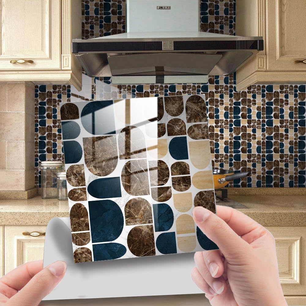 LMYSXAOZ 20 PCS Tile Stickers Stick on Tiles, Self Adhesive Wall Tiles for Kitchen Bathroom, Oil Proof Peel and DIY Floor Semicircle Geometry (Brown,30x30cm)