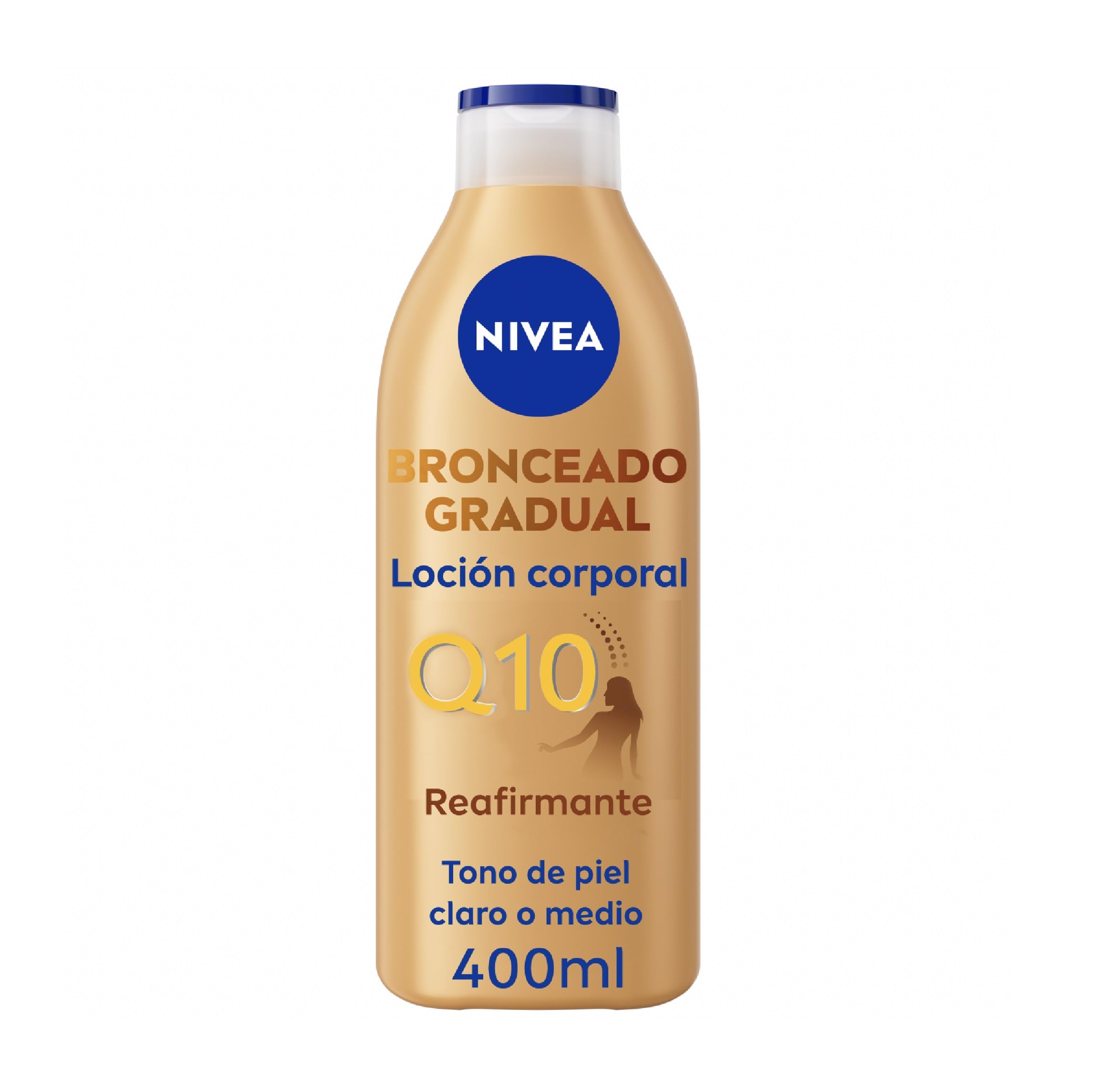 NIVEA Q10 Loción Corporal Reafirmante + Autobronceadora (400 ml), crema hidratante corporal con coenzima Q10, crema bronceadora para tono de piel claro a medio