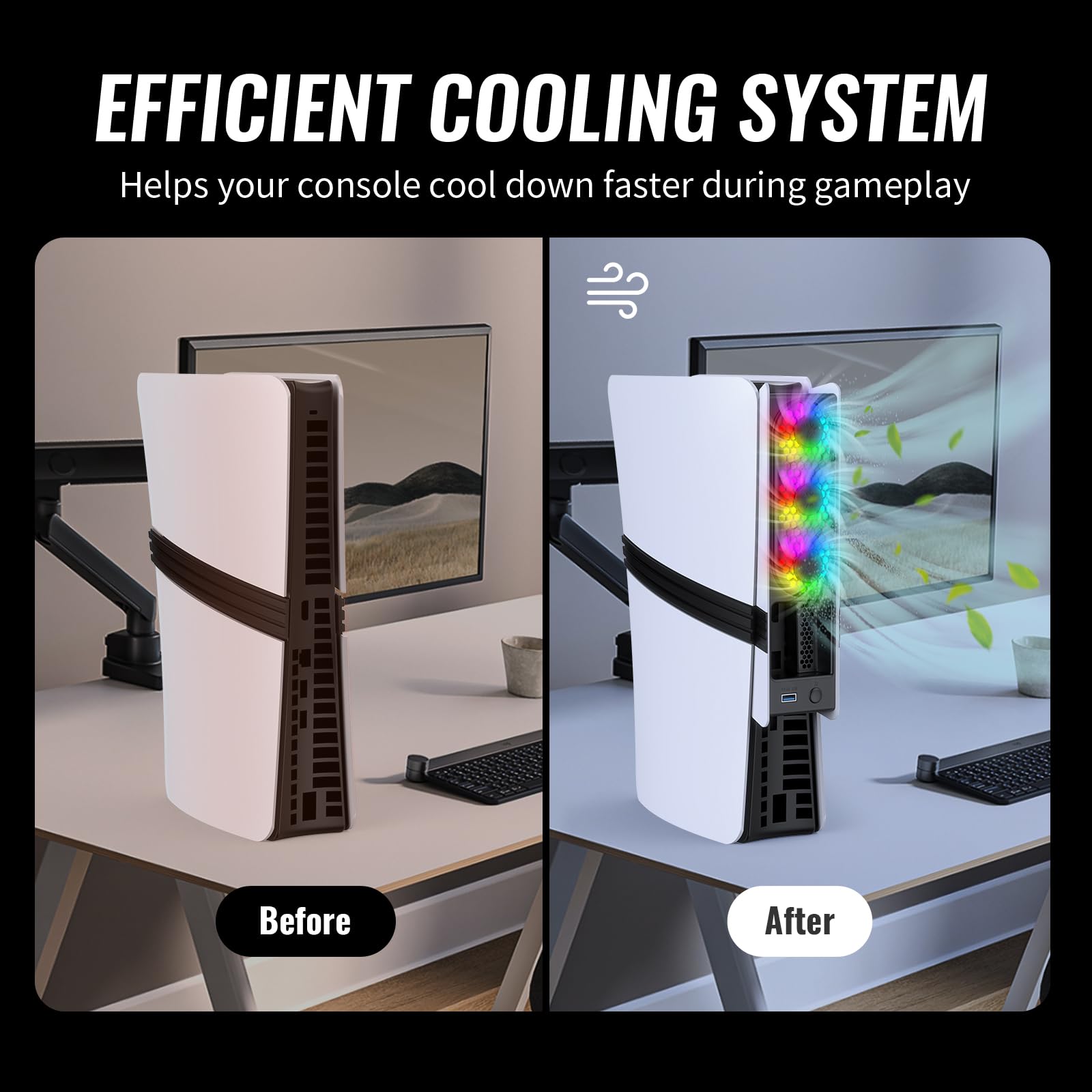 Ventola di raffreddamento RGB per PS5 Pro/PS5 Slim - Controllo automatico della temperatura, 5 modalità di illuminazione, porta USB 3.0, compatibile con Disc & Digital Edition (nero)