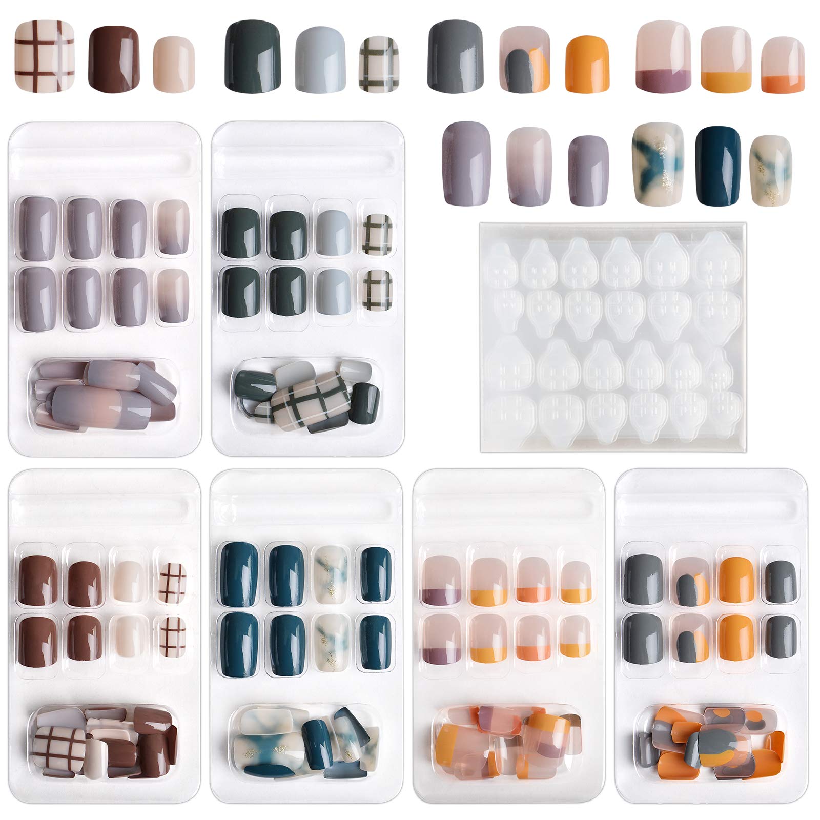 Kalolary 144pcs Uñas postizas cortas, Coloridas Uñas Falsas Uñas artificiales de cobertura total con 6 Hojas de Adhesivo de Pegamento de Uñas para Mujeres Niñas Decoración de Uñas DIY - A