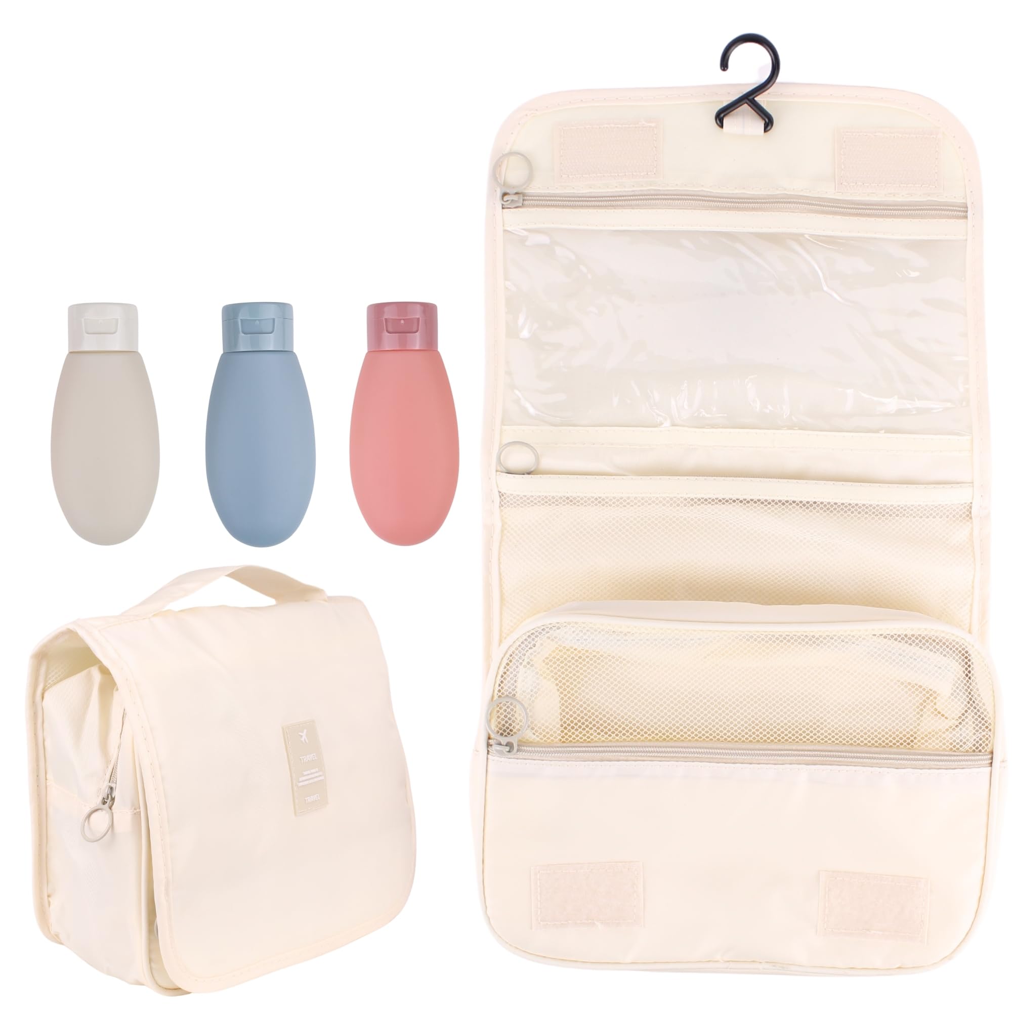 Pakana Neceser de Viaje con Botes Reutilizables de Regalo - Neceser Hombre y Mujer- Neceser Cosmeticos - Neceser colgable (Solido - Beige)
