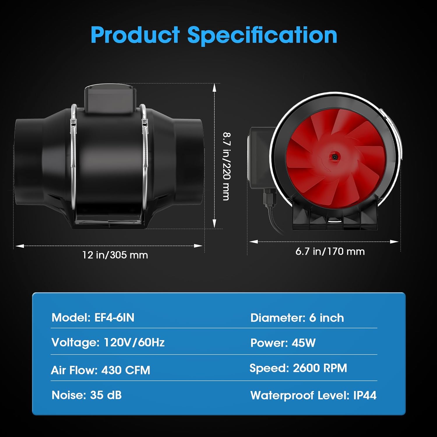 FASDUNT 6 Inch Inline Duct Fan with EC Motor - High-Performance 45W, 2600rpm Speed, 430 CFM Airflow for Optimal Ventilation in Bathrooms, Kitchens & Grow Tent, 3D Printer