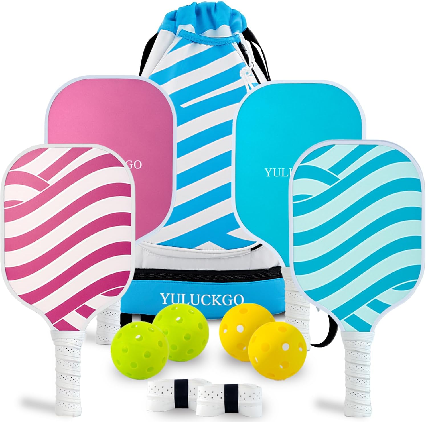 Premium Pickleball Set of 4, Graphite/Fiberglass Material， 4 Balls and 1 Portable Carry Bag, Pickle Ball Set for Men Women，Blue and White Texture