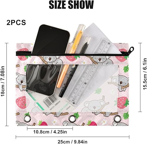 Miniatura 3 de Estuche para lápices para carpetas de 3 anillos con cremallera, se adapta a carpetas estándar, estuche de lápices de koala de fresa para oficina y