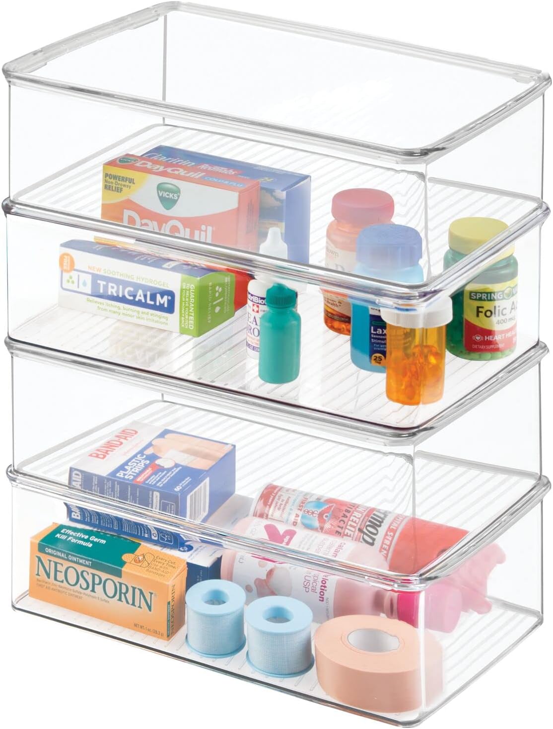 mDesign Juego de 4 cajas apilables con tapadera – Práctica caja de plástico con tapa para guardar medicamentos – Caja de almacenaje apilable para organizar el hogar – transparente