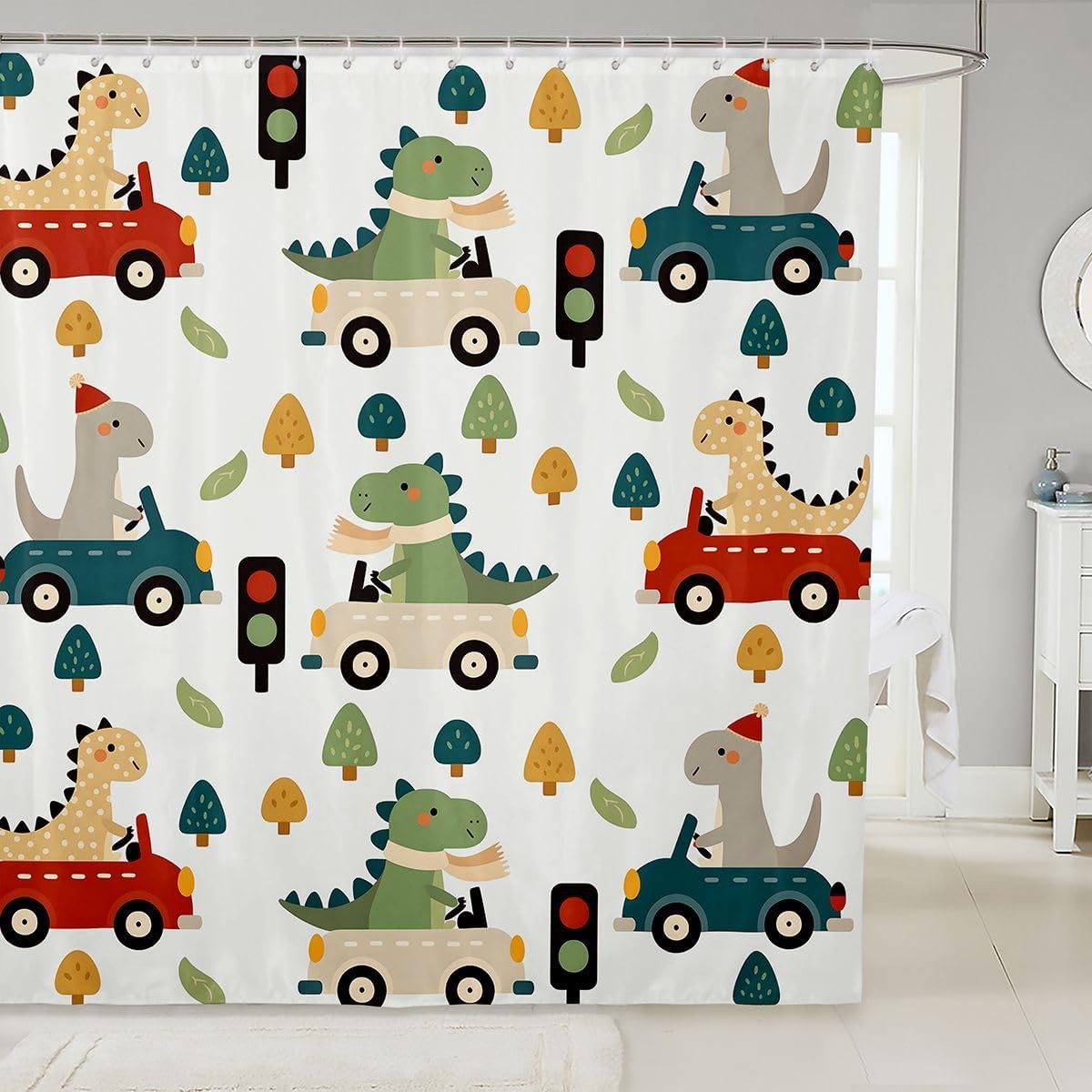 Feelyou Dinosaur Shower Curtain for Bathroom Decor Cars Bath Curtain Cute Animals Bathroom Waterproof Polyester Fabric for Stalls Bathtubs 72"x78"