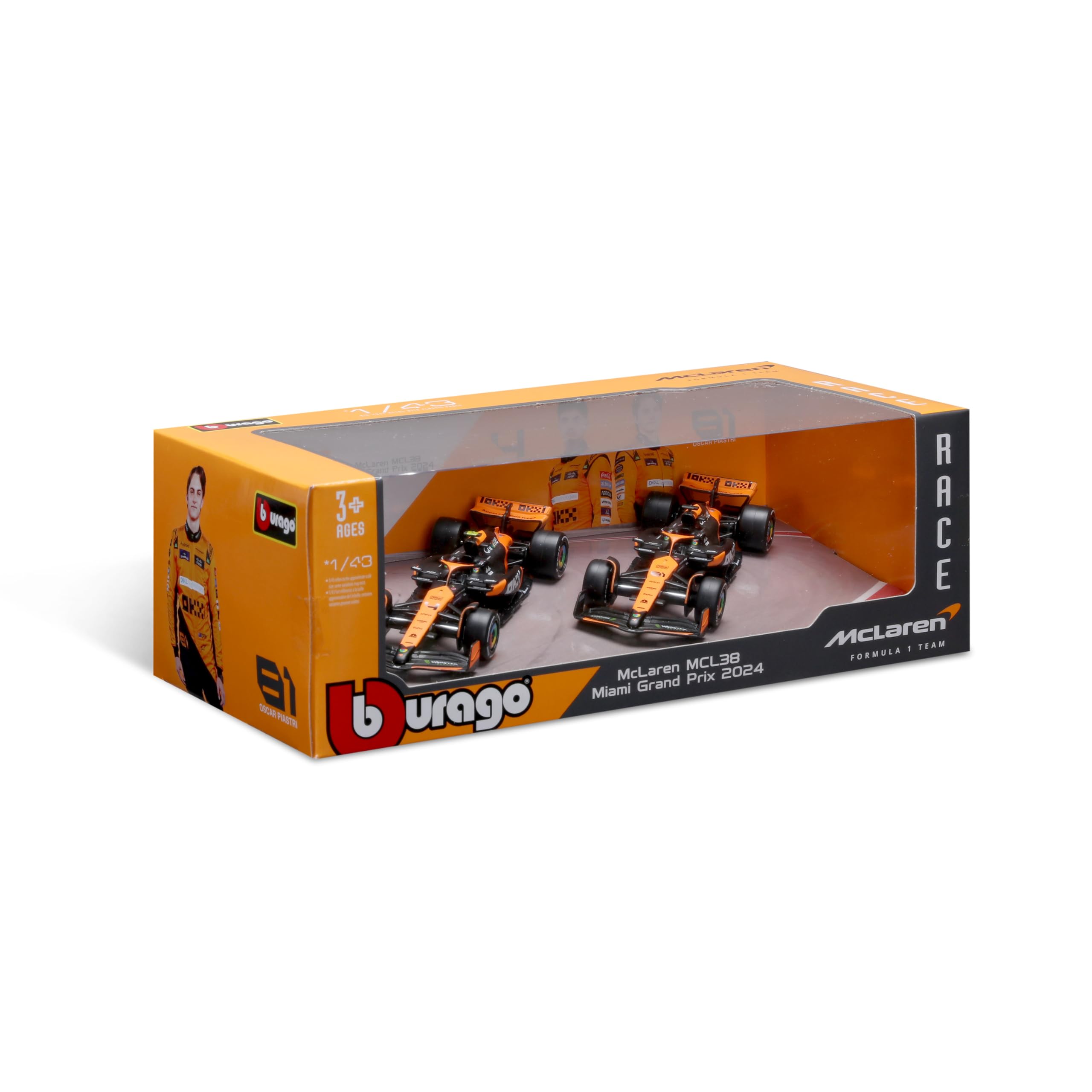 Bburago Formula 1 McLaren MCL38 - Set da 2 pezzi (2024): modellino auto in scala 1:43, Window Box, 25,4 cm, nero/arancione (18-38202)
