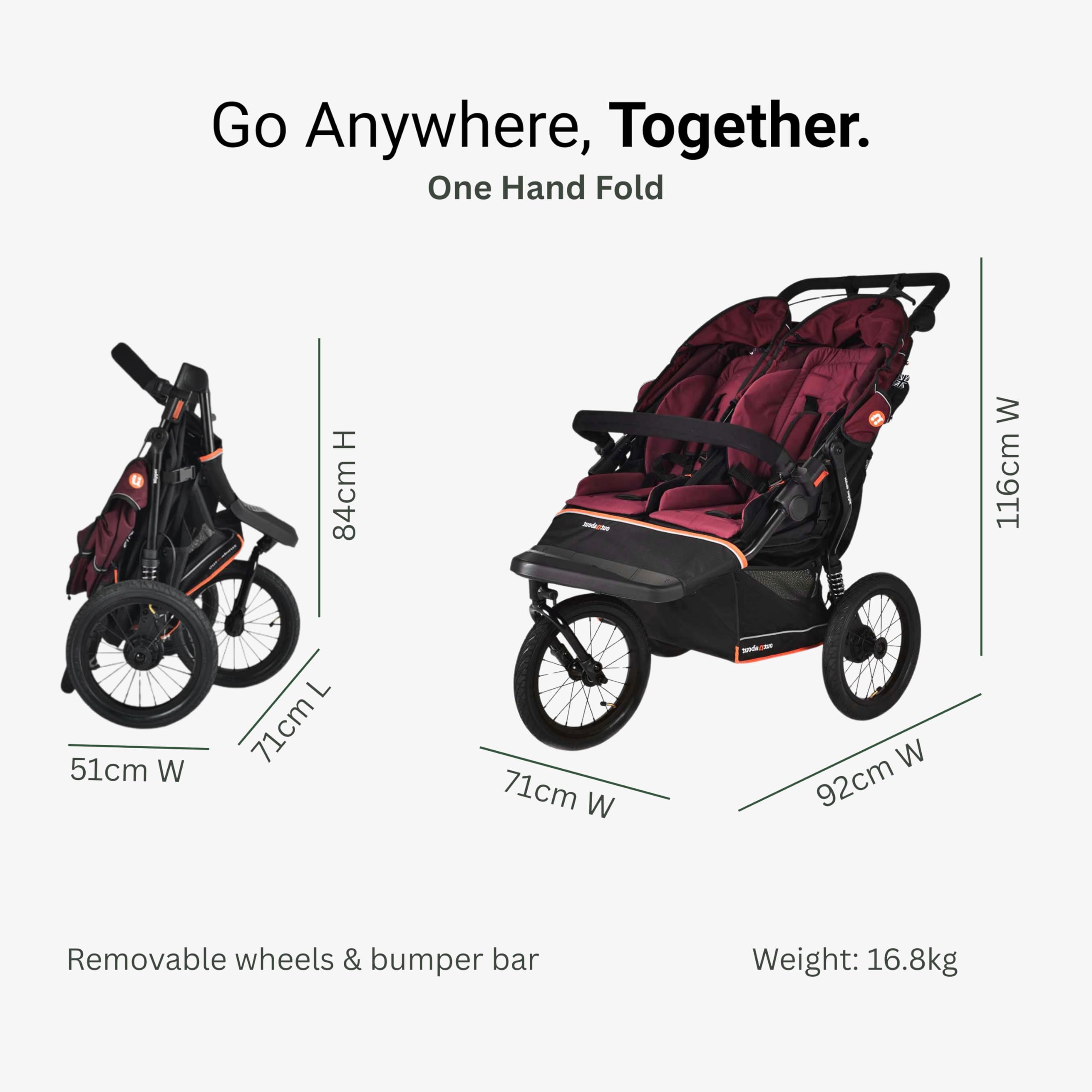 Out'n'About Nipper - Passeggino doppio modello V6+ e parapioggia, passeggino da corsa certificato, leggero per tutti i terreni con una sola mano, doppia carrozzina con sospensioni, ruote gonfiate ad