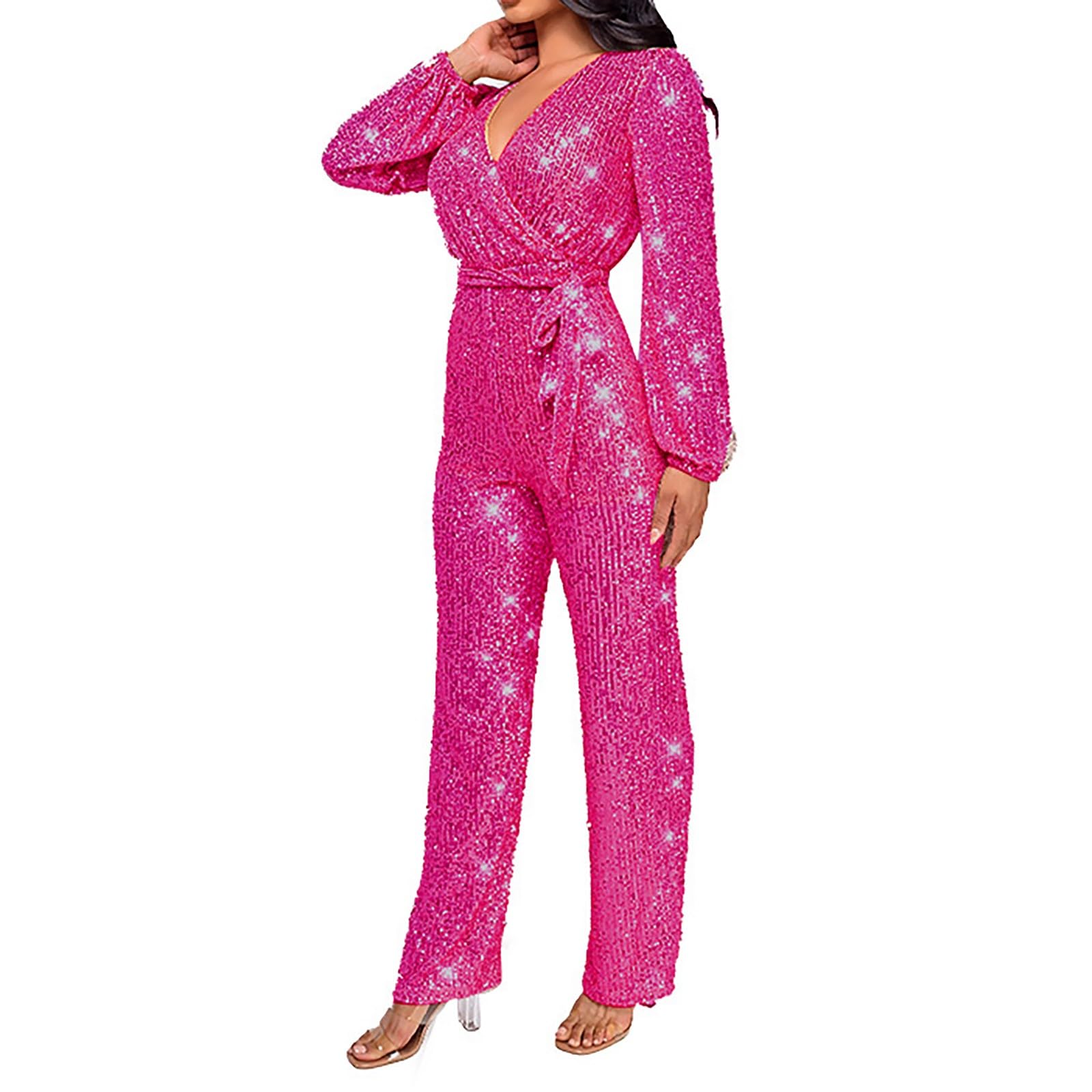 Trainingsanzug für Damen, elegant, für Zeremonien, langärmlig, für Damen, V-Ausschnitt, langes Bein, breite Taille, Cocktail, Abendkleider, Jumpsuit Playsuit Country Konzert