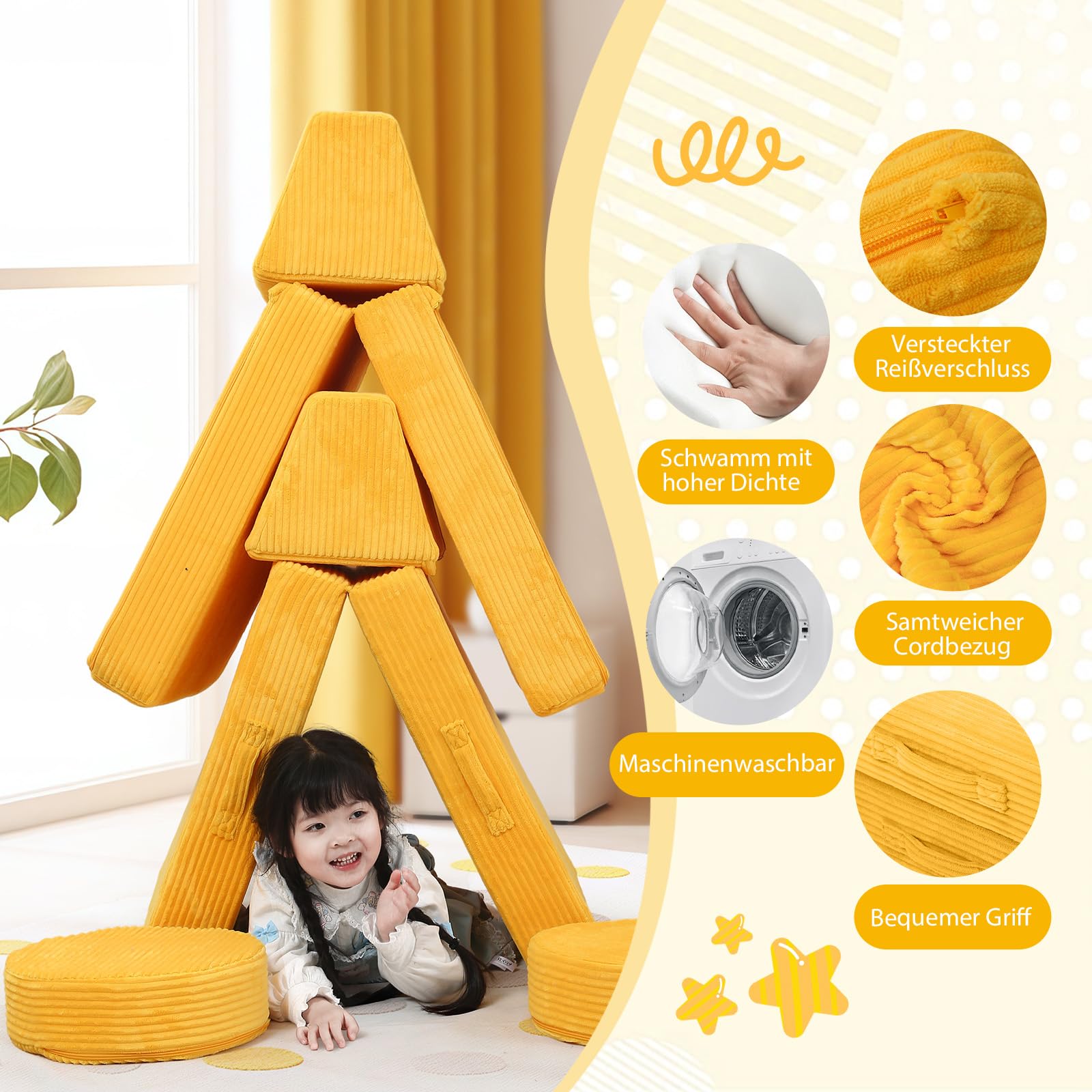 MeMoreCool Sofá de juego para niños, 8 piezas de pana modular para sala de juegos, sofá plegable para bebé, sofá de espuma convertible para niños y niñas, color amarillo
