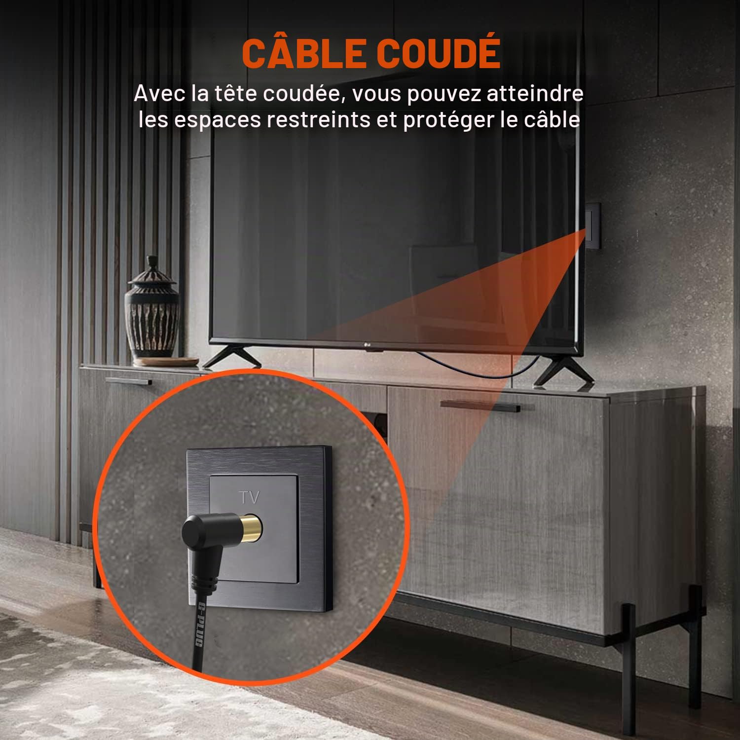 Câble d’Antenne TV 2m Angle Droit Coaxial Mâle-Mâle avec Adaptateur Connecteurs RF Plaqués Or