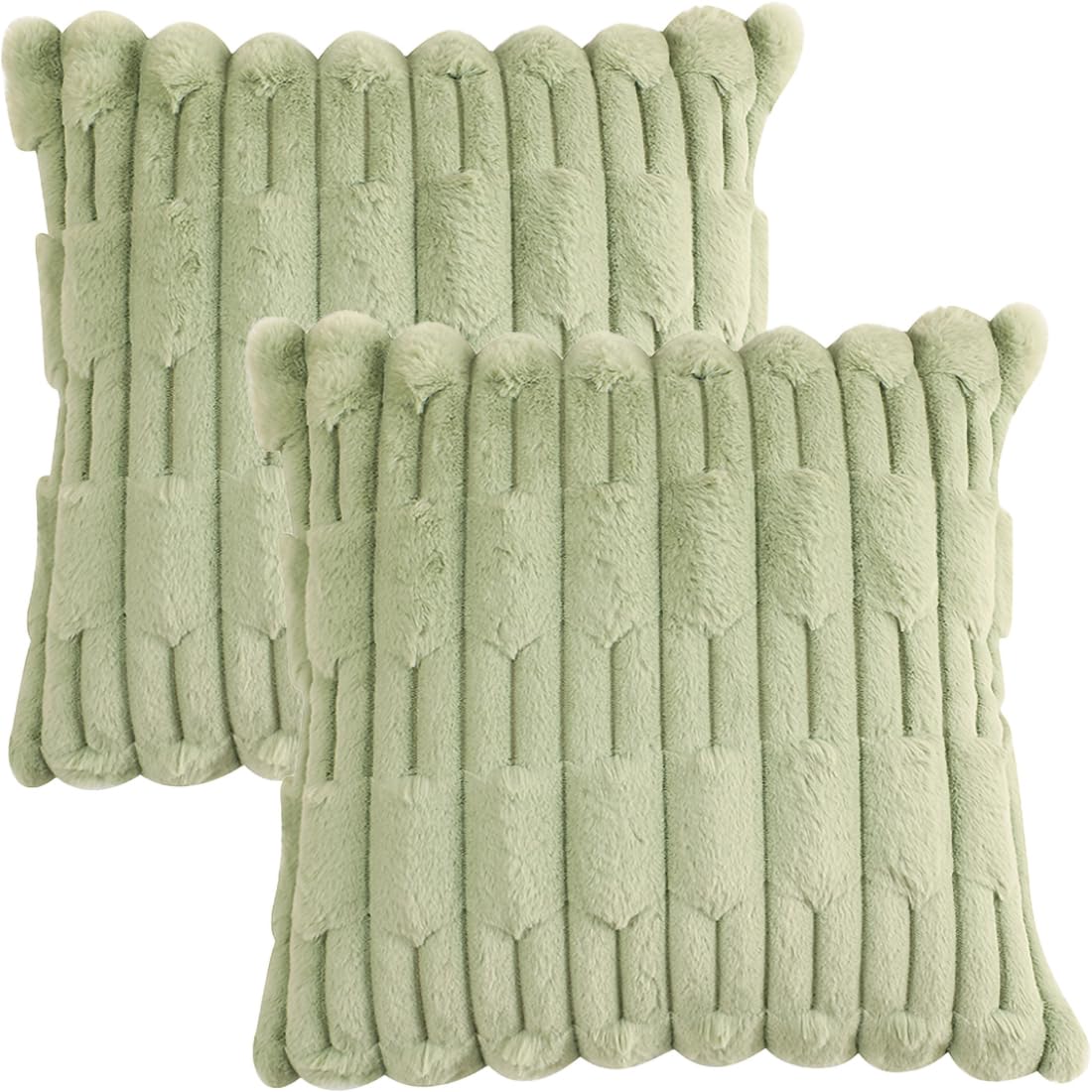 Tennove Cushion Covers 45x45cm Pack of 2 Soft Faux Rabbit Fur Plush Pillowcase Decorative Wide Striped Fluffy Throw Pillow Covers for Home Couch Sofa Bed Decor, Sage Green โ image 1