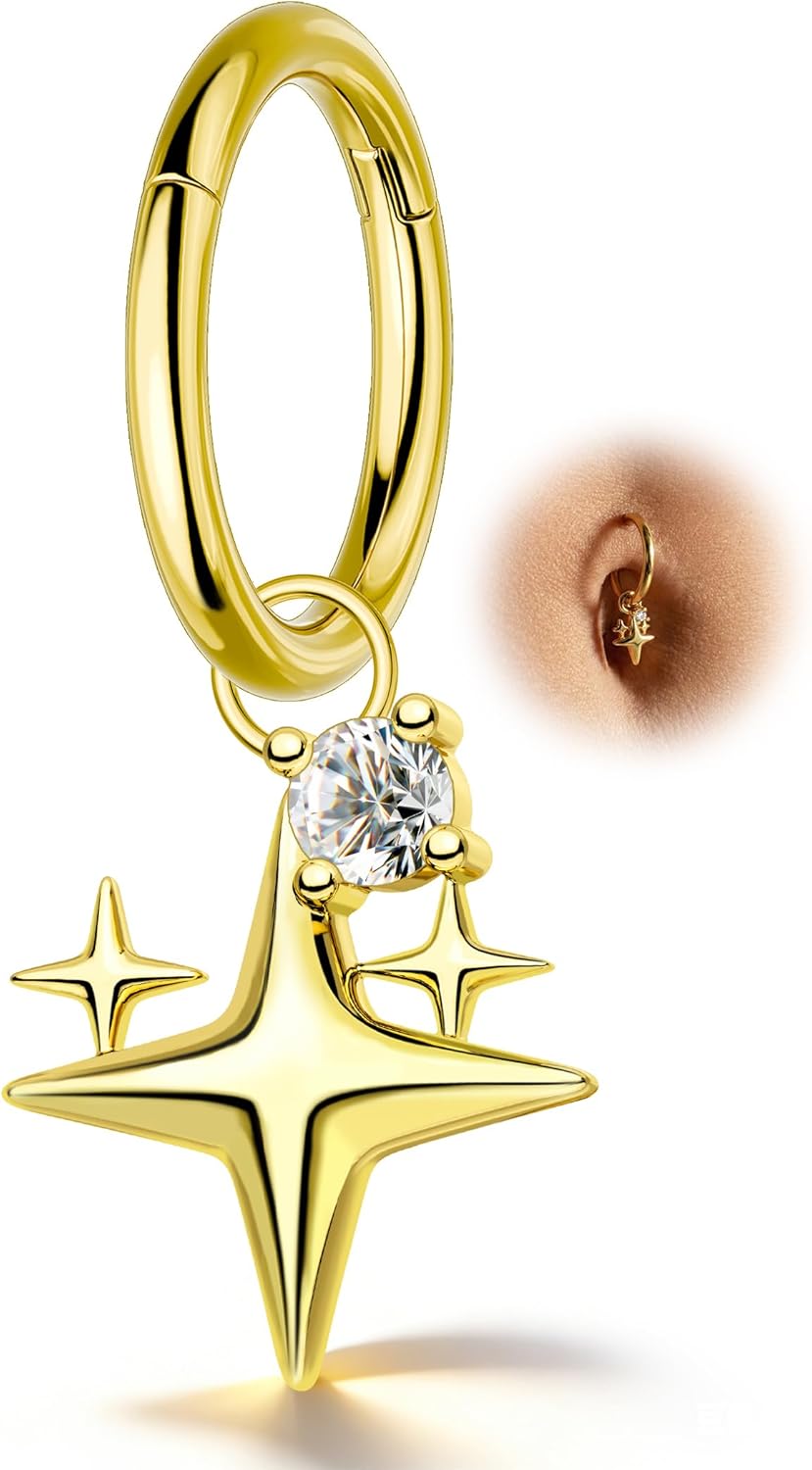 COCHARM Clicker Belly Button Rings 14G Gold Plated Belly Button Piercing Hoop Dangle Star Navel Piercing Jewelry 8/10MM