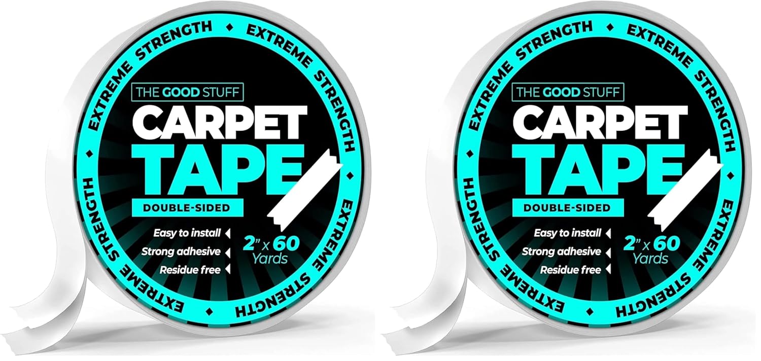 The Good Stuff Rug Tape (2 Inch x 60 Yards) - Secure Rugs to Hardwood, Laminate, Tile, and Carpet (Pack of 2)