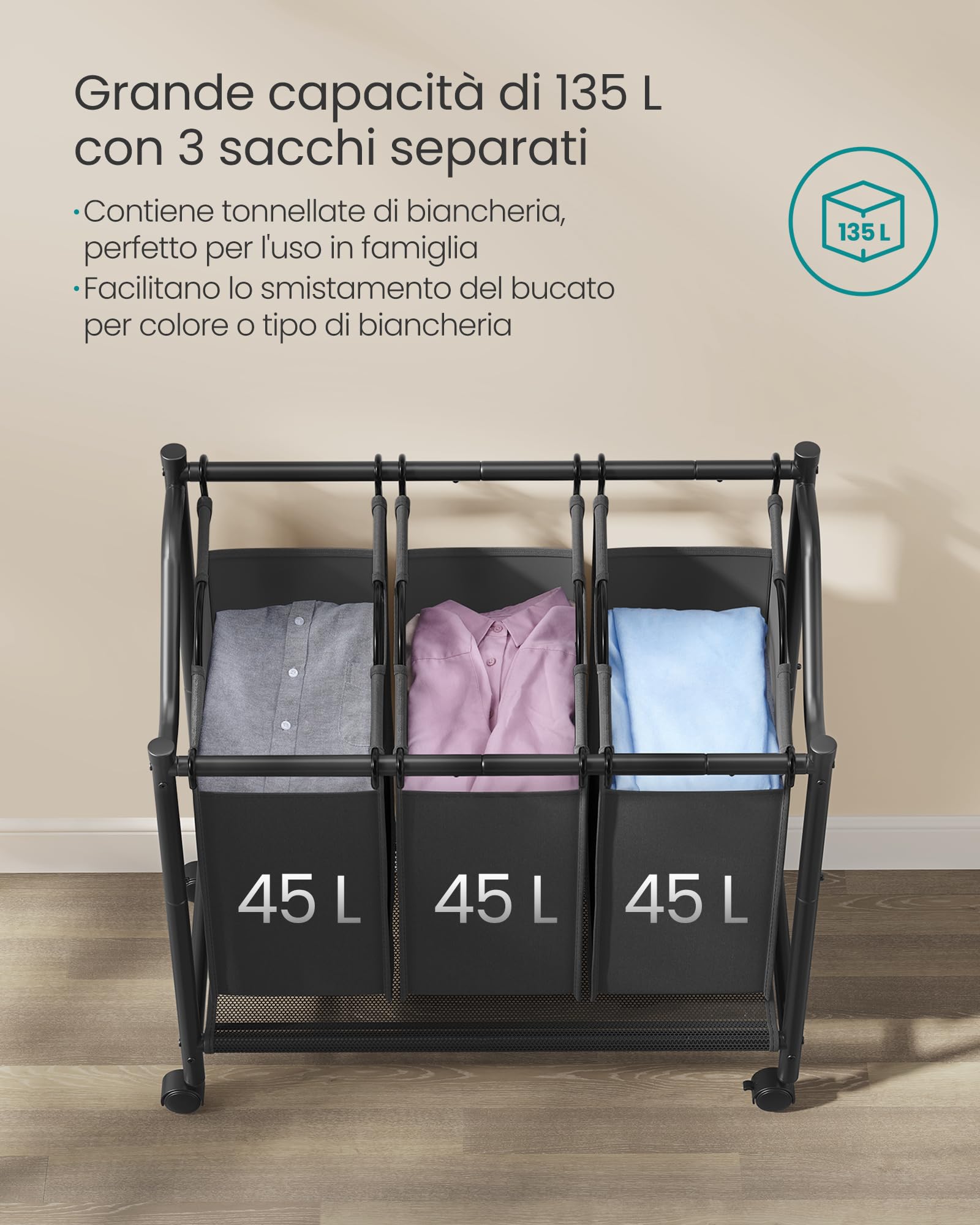 SONGMICS Carrello Portabiancheria, Cesto Porta Biancheria con 3 Sacchi Rimovibili, Carrello per Lavanderia, Camera da Letto, Bagno, 3 x 45 L, Nero Inchiostro RLS102B01