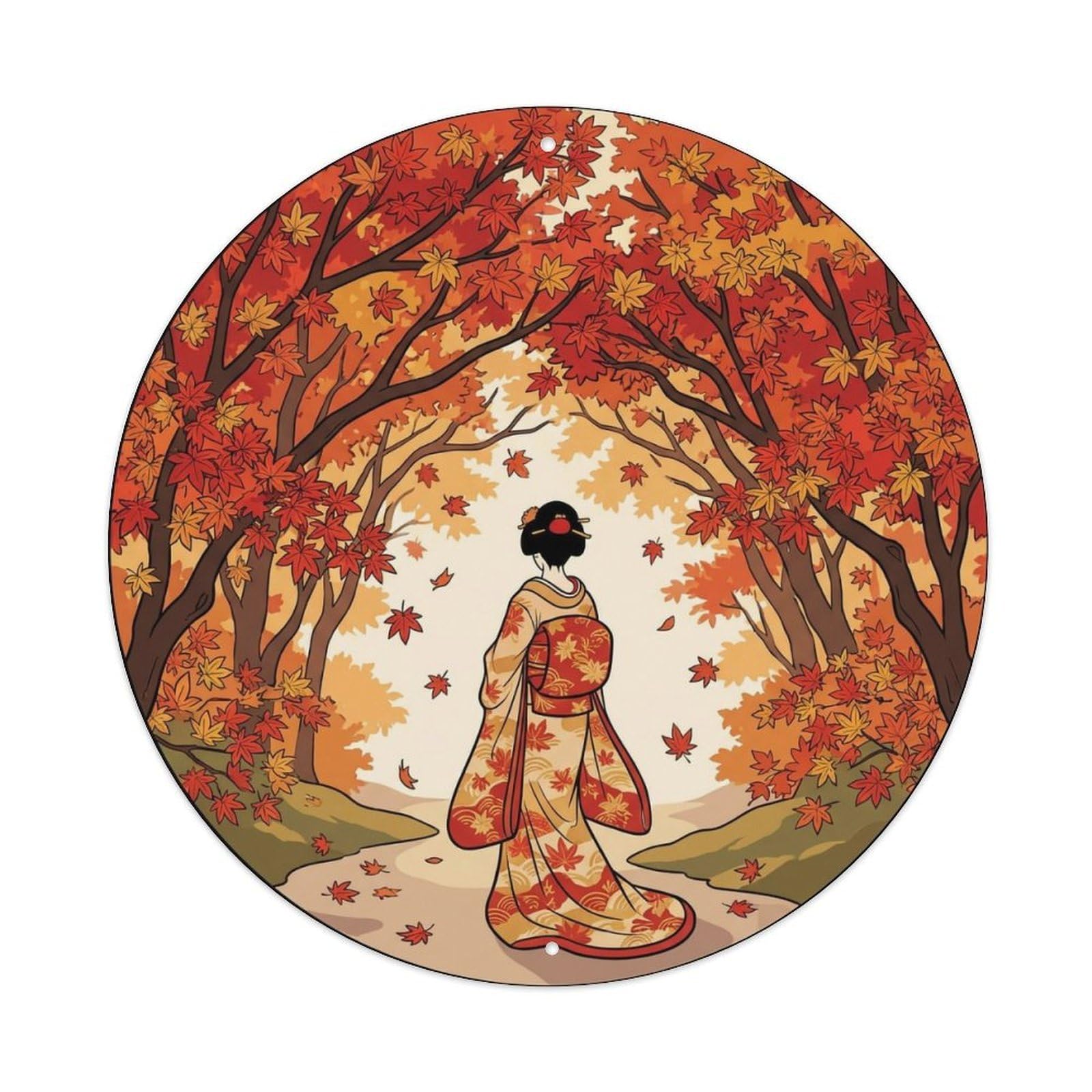 Japanese Geisha Red Maple Tunnel Archway Pathway Metal Tin Sign