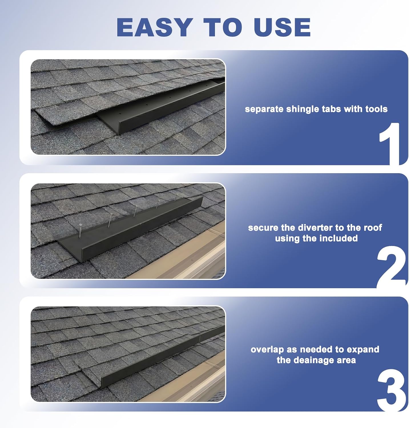 1 pcs Rain Diverter for Roof: 39 Inch Gutter Guard with Nails, Water Diverter for Door or Windows or Chimney