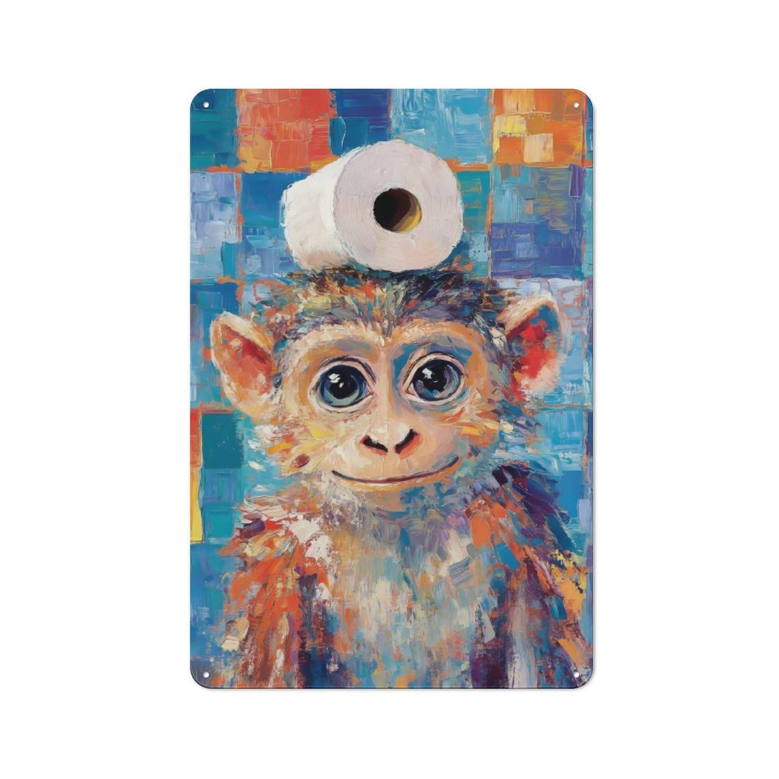 Junmoney Monkey With Toilet Paper Rustic Metal Plaque 30X20cm For Guest Room Or Hallway, A Decorative Metal Sign For Guest Rooms And Hallways