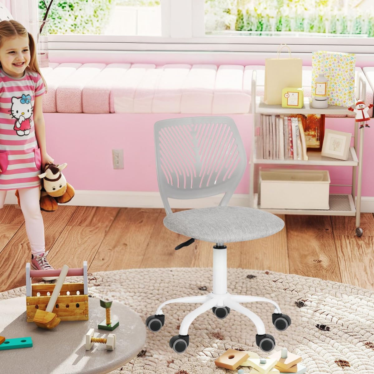 FurnitureR Silla de Escritorio para niños, Silla giratoria de Altura Ajustable con diseño de Respaldo de Agujero pequeño, Adecuada para Dormitorio de niños o Sala de Estudio, Gris molandi, 38 x 39 x
