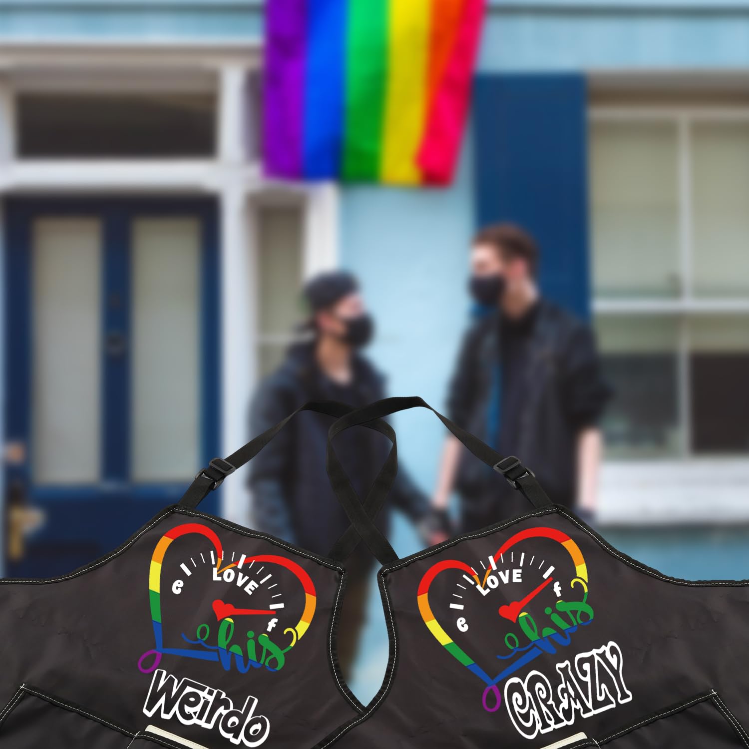 MBMSO Delantal de cocina con texto en inglés "His Crazy His Weirdo", regalo de pareja gay, delantal de rayas arcoíris