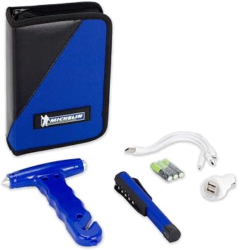Michelin Glove Box Kit with Safety Hammer/Seat Belt Cutter, LED Pen Light, USB 12V Plug with Charging Cords.