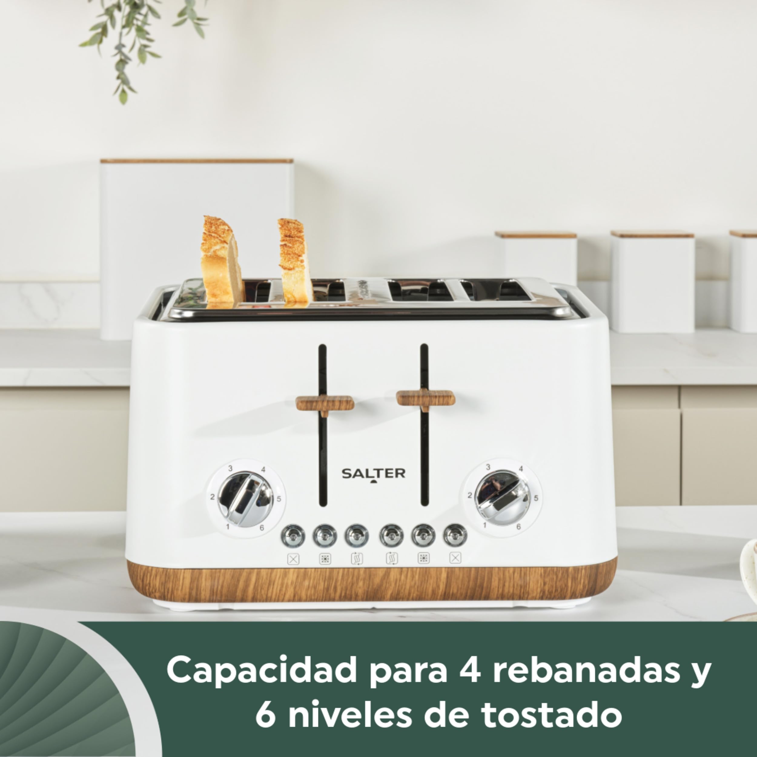 Salter EK5823WHTVDE Toronto Tostadora 4 rebanadas – ranuras anchas, 6 niveles de tostado, bandeja recogemigas extraíble, descongelar, recalentar, cancelar, auto-centrado.