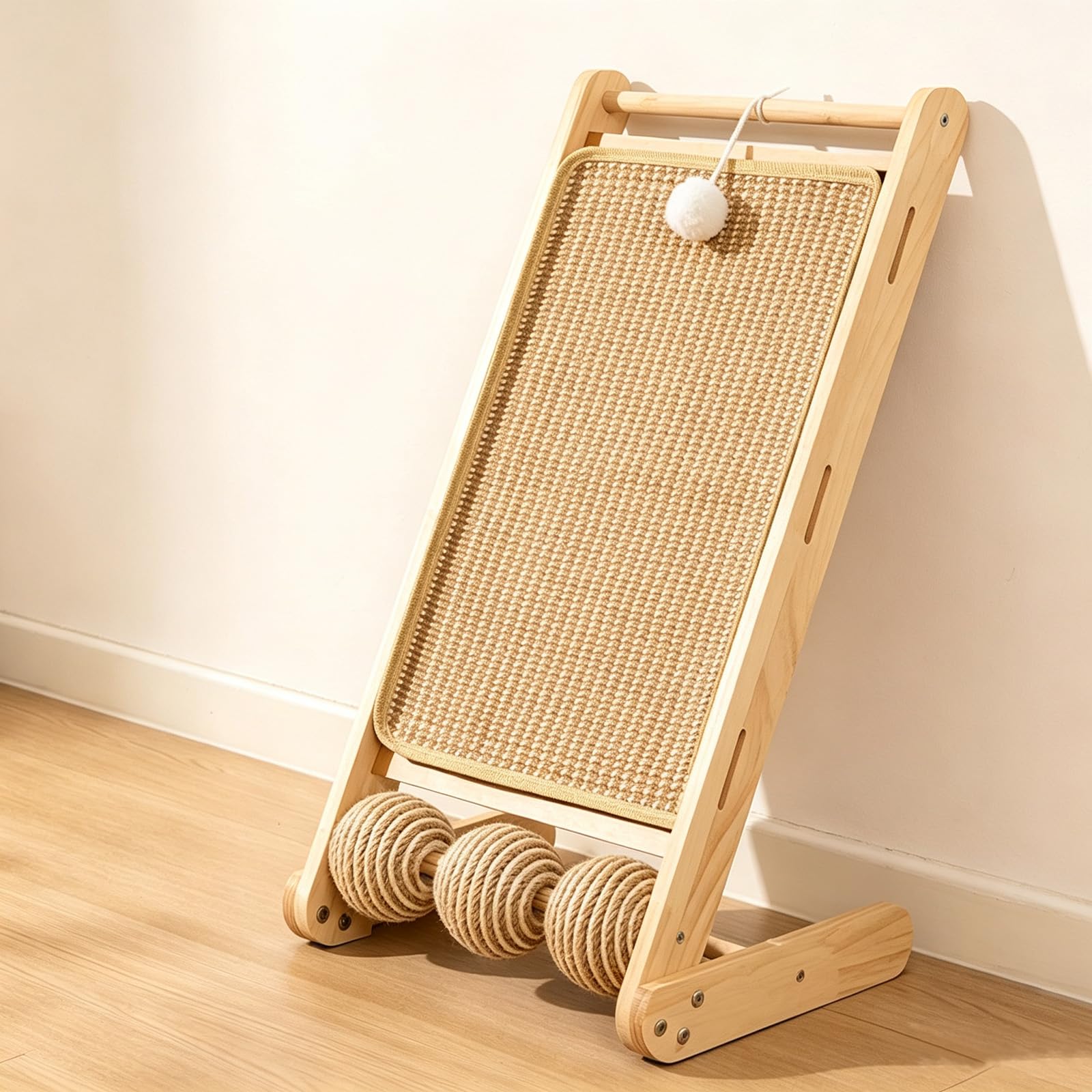 Cat Scratching Board, L-Shaped Cat Scratcher, Sisal Cat Scratching Mat with Balls, Heavy Duty Scratch Pad for Indoor Cats, Climbing Claw Sharpener with Non-Slip Base