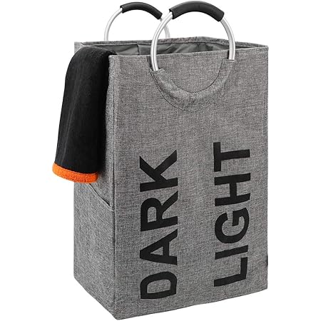 DOKEHOM 90L ダブルランドリーバスケット コインランドリーかご 洗濯ボックス 収納袋 収納バッグ 取っ手付き 折畳 ポリエステル麻製 耐久性（グレー）