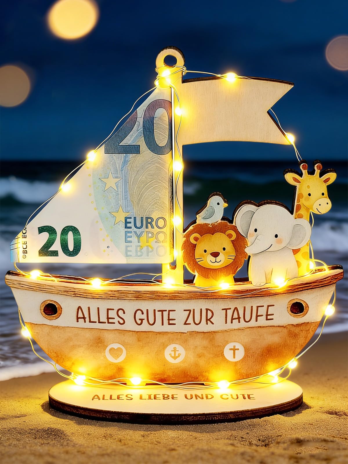Taufgeschenke für Mädchen Jungen, Geldgeschenk Taufe mit LED Lichterkette, Holz Arche Geschenk Taufe Patenkind, Sinnvolle Geschenke zur Taufe