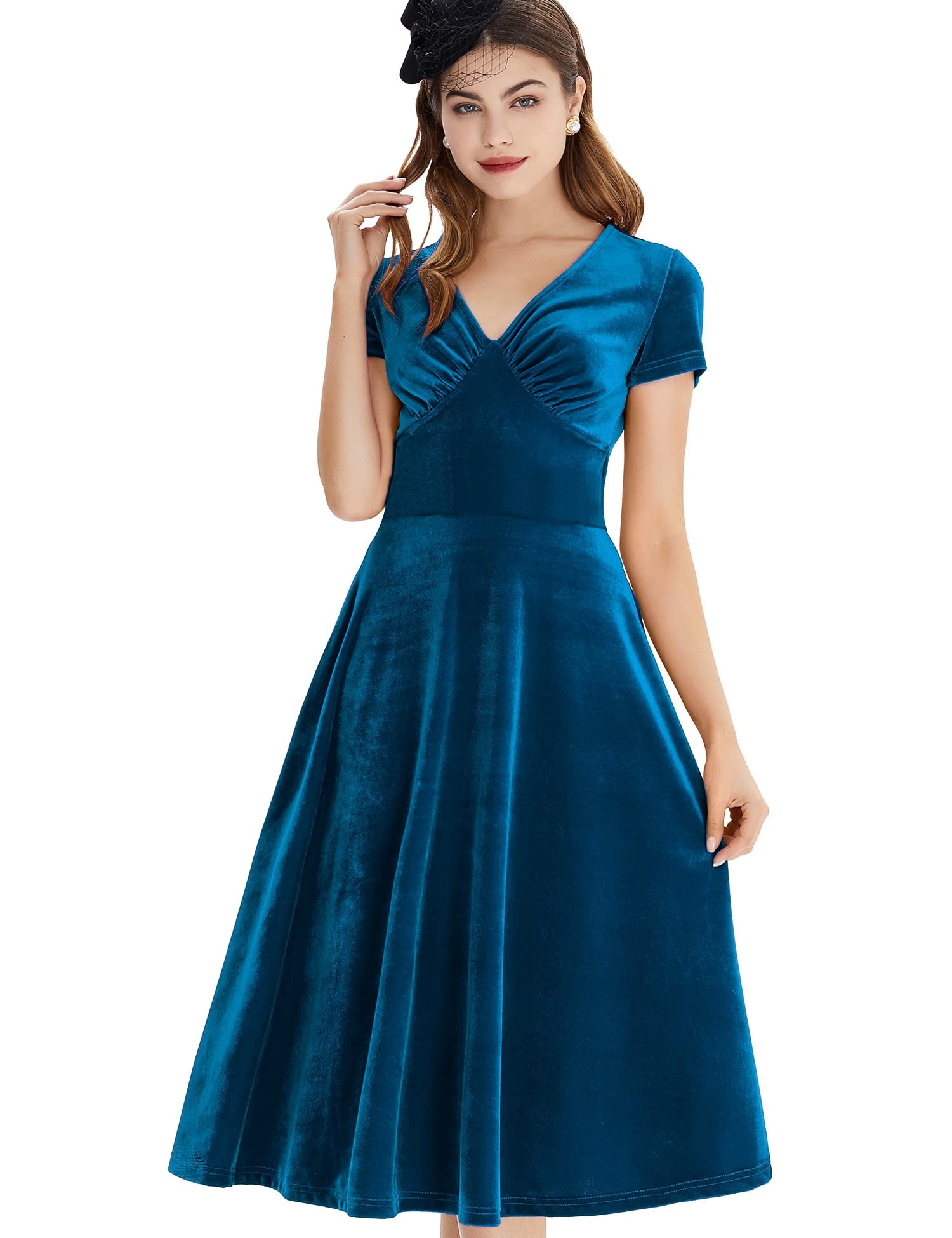GownTown 1950s Style Short Sleeve Velvet Cocktail Party Swing Dress