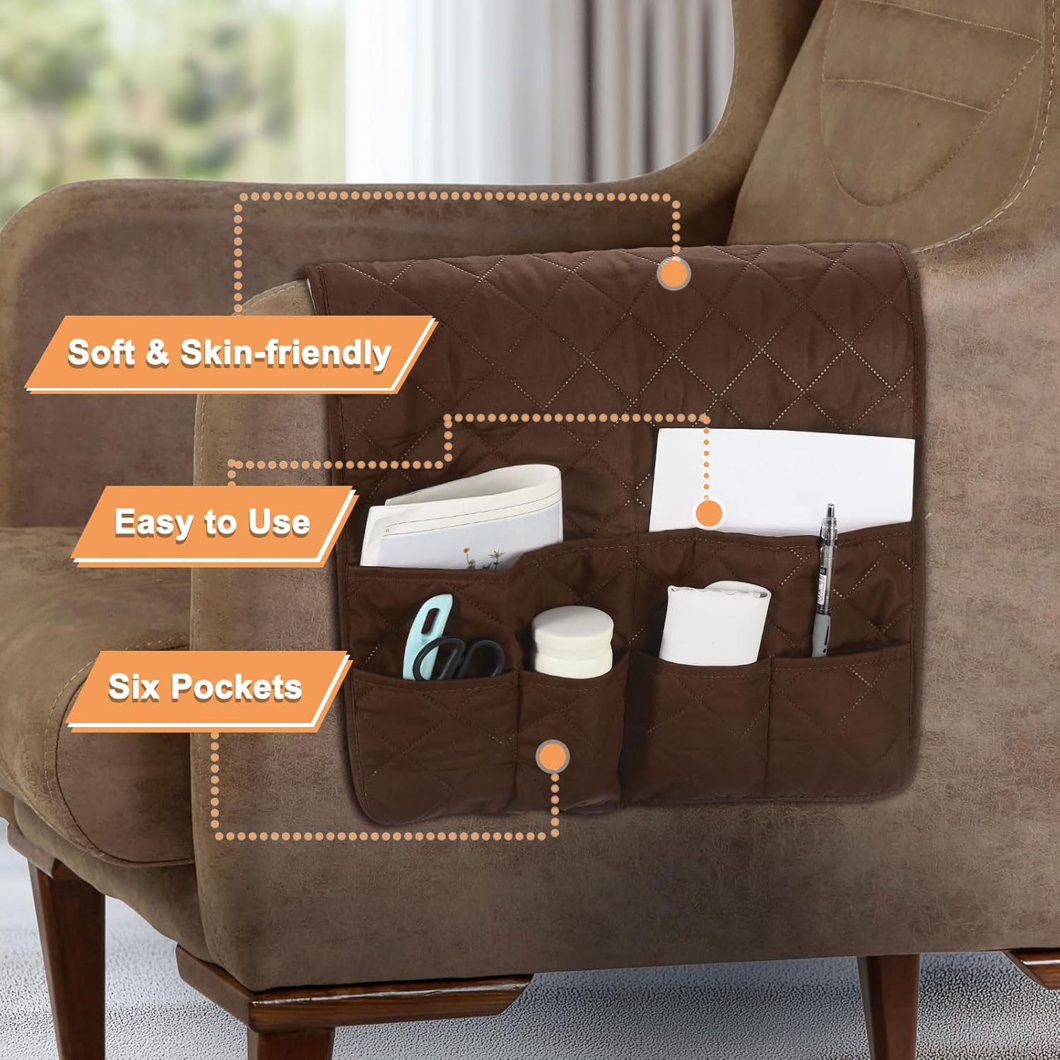 uxcell Couch Sofa Armrest Organizer Non-Slip Chair Arm Recliner Remote Control Organizer with 6 Pockets for Books, Magazines, Tablet, Phone, Coffee