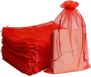 Uigidori 100 Pcs Premium Organza Bags, 8 x 12 Inches Sheer Organza Gift Pouches with Drawstring, Large Mesh Favor Bags for Wedding Favors, Party, Jewelry, Christmas, Makeup Wrapping Supplies (Red)
