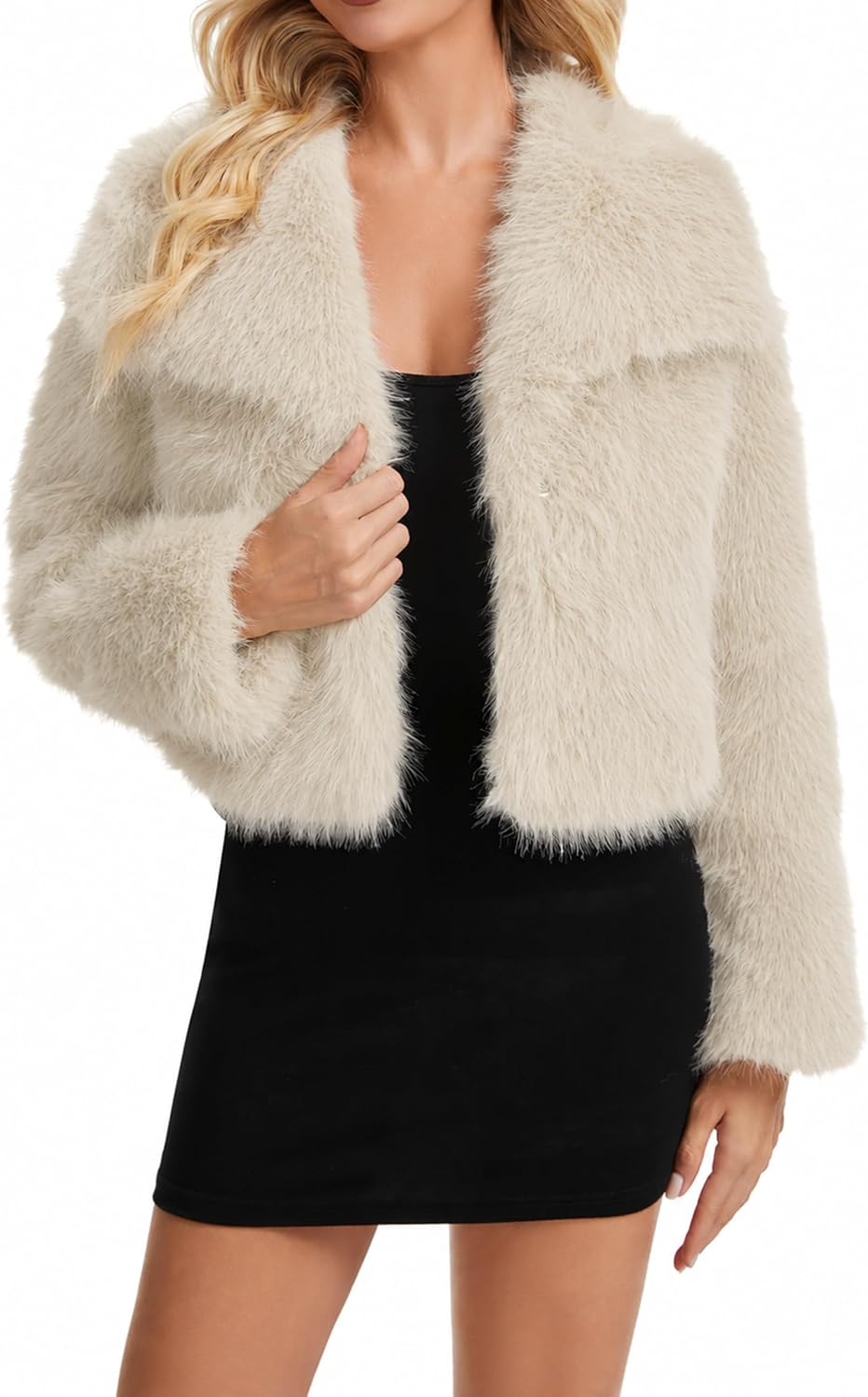 Women's Lapel Faux Fur Coat Fluffy Warm Coat Short Outerwear with Pockets