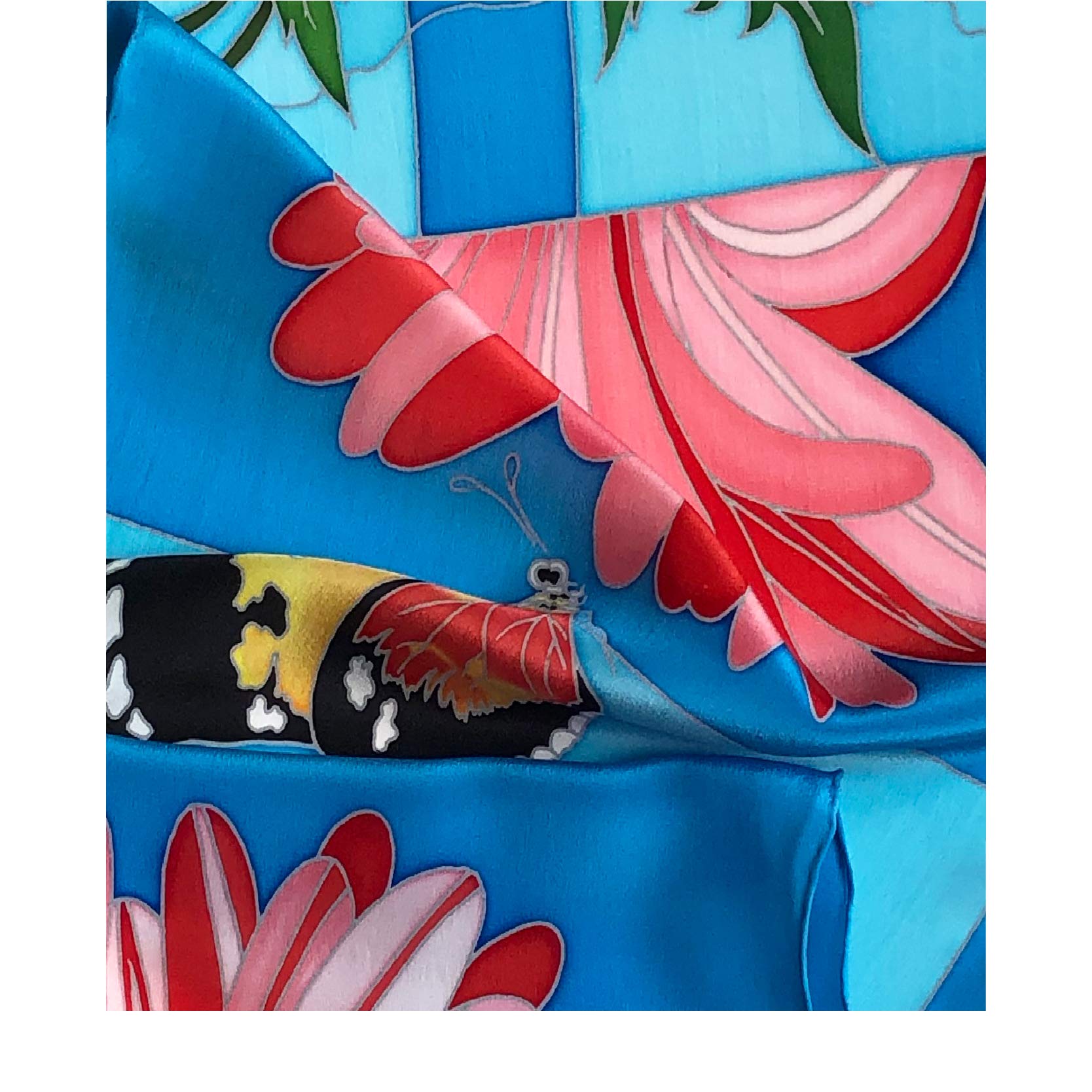 JJ Collection Hand Paint Silk Scarf, 60" Lx13 W, Flora & Butterfly,Blue