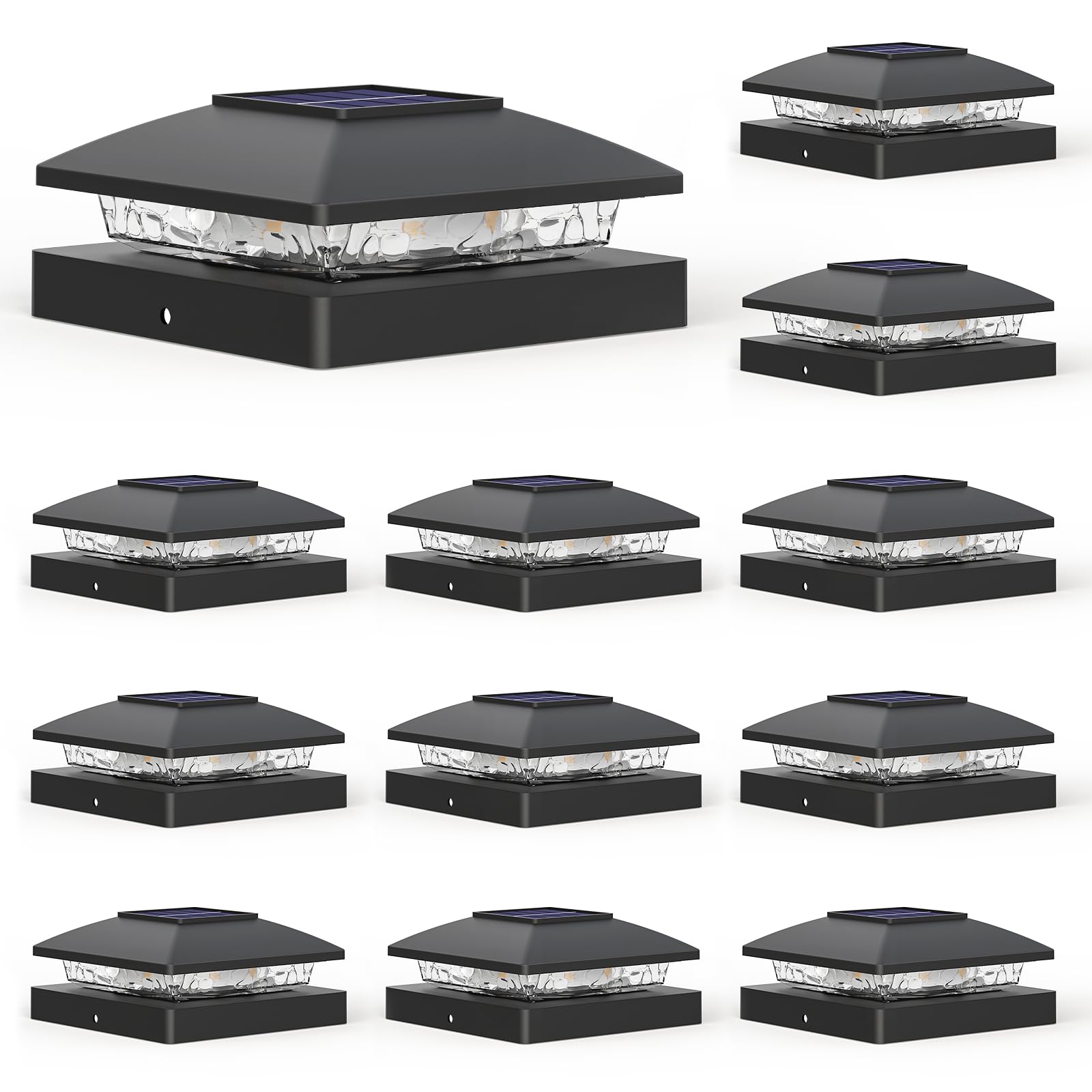 APONUO 4x4 Solar Post Cap Lights,Solar Fence Post Lights Warm White Outdoor Waterproof Garden Patio Fence Deck Decor,Solar Fence Post Lights for Fence Deck Caps 4x4 Wood Vinyl,Black 12 Pack