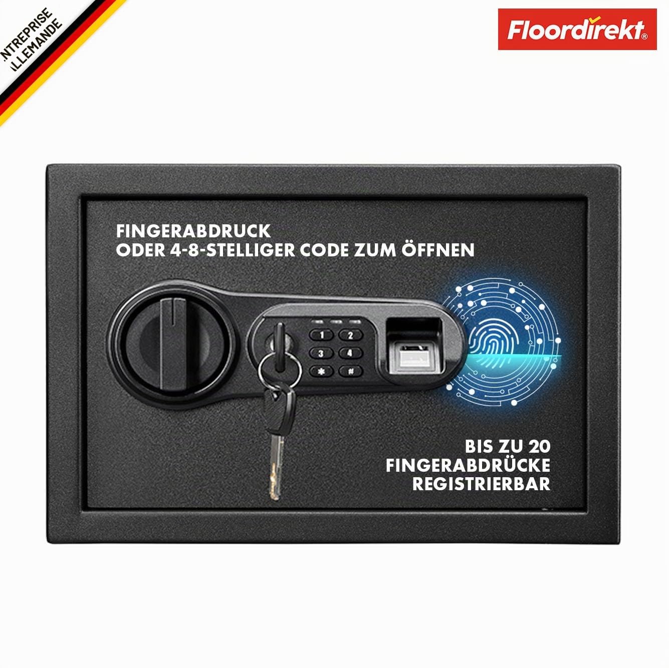 Floordirekt Coffre-fort Catoca 25 x 35 x 25 cm - Coffre-fort pour meubles avec empreintes digitales et serrure à combinaison, petit coffre mural pour maison, coffre-fort avec clé