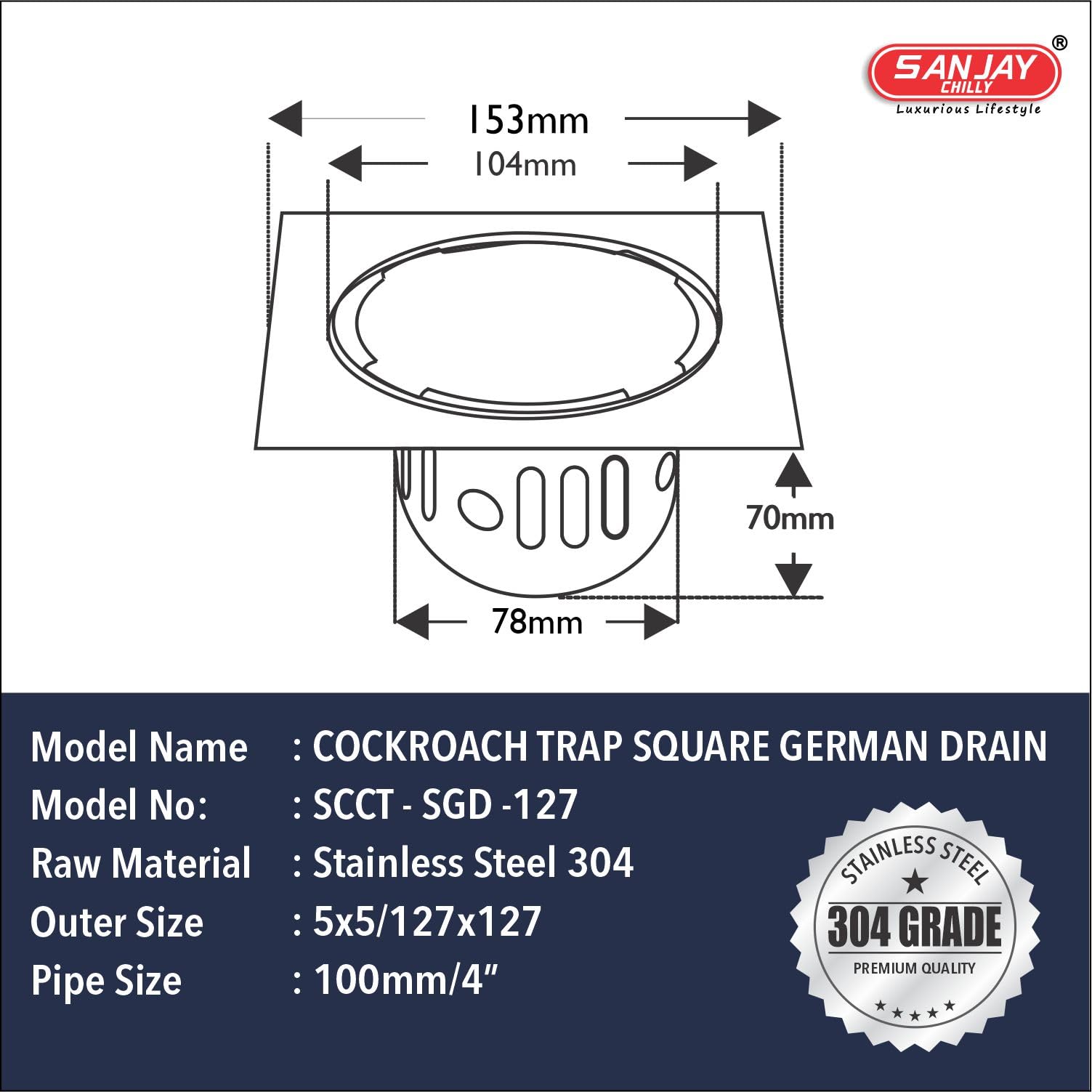 Sanjay Chilly Square German Drain 6x6 INCH Cockroach Trap 304 Stainless Steel | Floor Drain Jali with Gloss Finish for Home and Kitchen 3