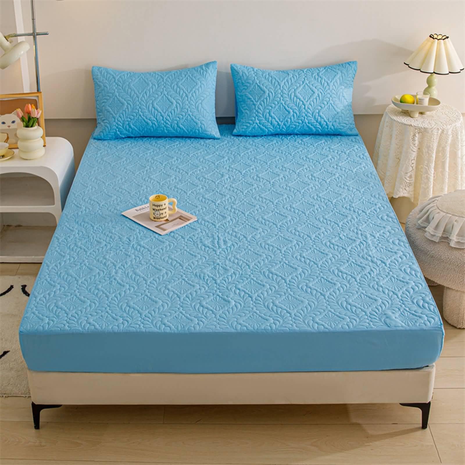 Betthusse 90x200cm Allergiker, 3D Muster Spannbettlaken Winter Einfarbig, Textilien Klassische Polyester Baumwolle Tagesdecke Blau für alle Jahreszeiten