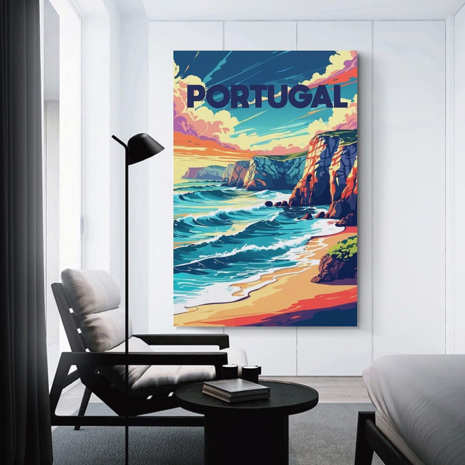 Junmoney Decorative Wall Artwork Portugal Coastline Travel, 24x36inch(60x90cm), for Calm Bedrooms, Home Corners Or Flats, An Easy Wall Refresh for Bedrooms