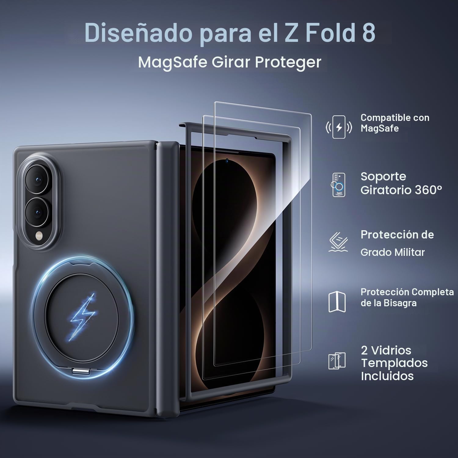WSKEN Funda para Samsung Galaxy Z Fold 8, para carga magnética y segura, [cubierta de policarbonato mate con soporte de anillo de 360°, protección de bisagra, a prueba de golpes] 2 protectores de