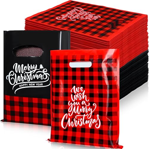 Sadnyy Paquete de 100 bolsas de Navidad a granel, bolsas de regalo de Feliz Navidad, bolsas de mercancía a cuadros, bolsas gruesas de compras al por